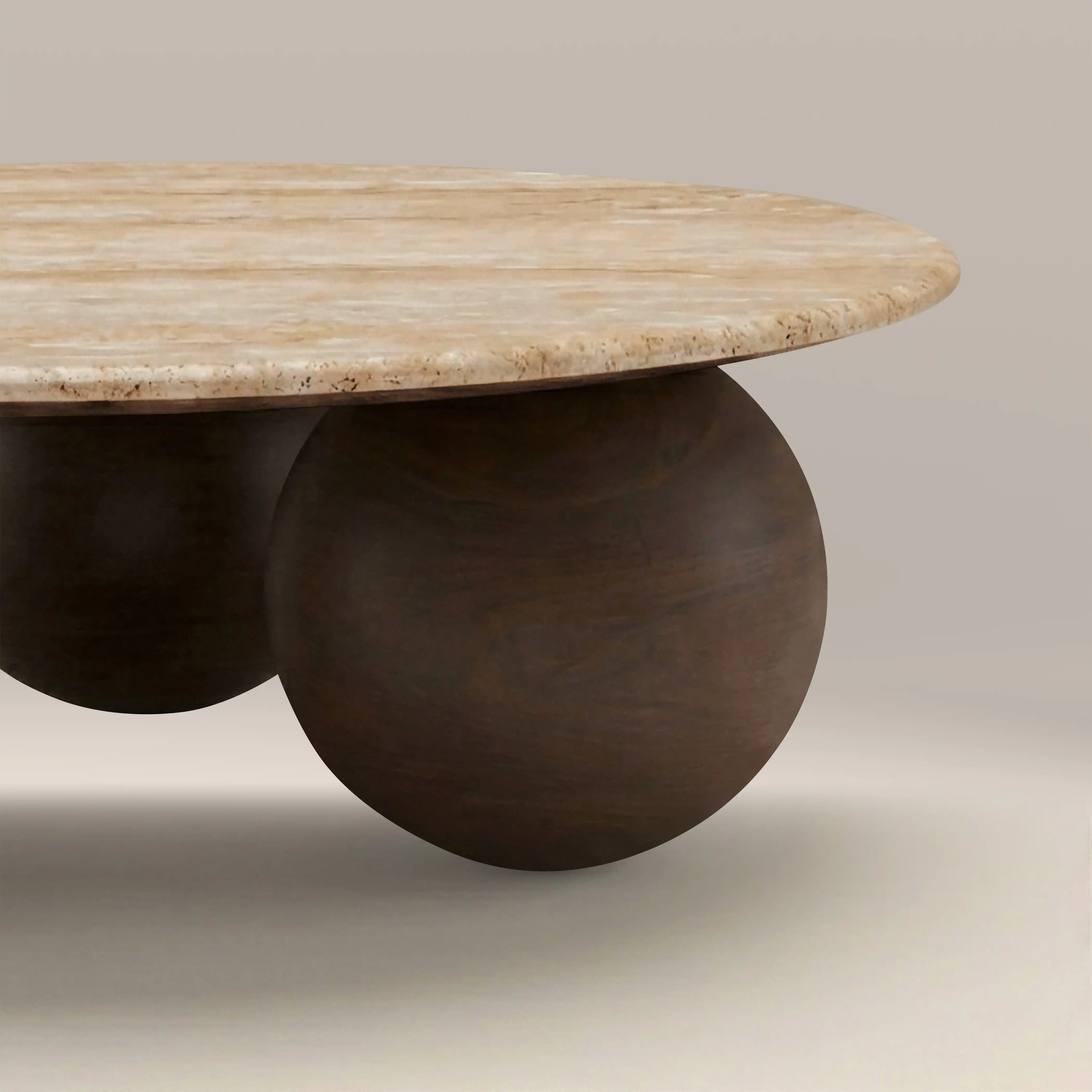 Akira Round Coffee Table | Natural Travertine & Walnut - Image 4