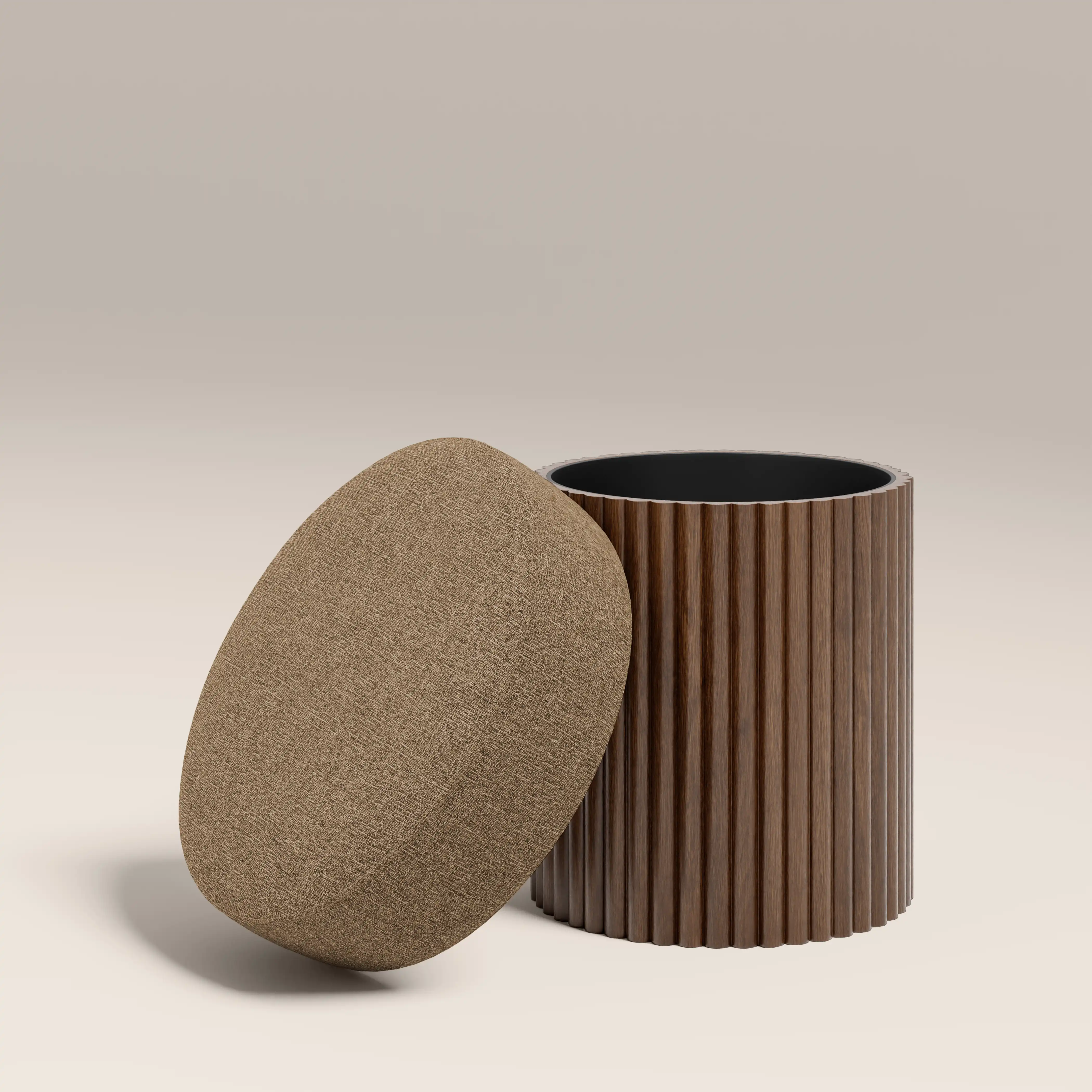 Alexis Storage Pouffe | Speckled Cappuccino Boucle & Walnut - Image 2