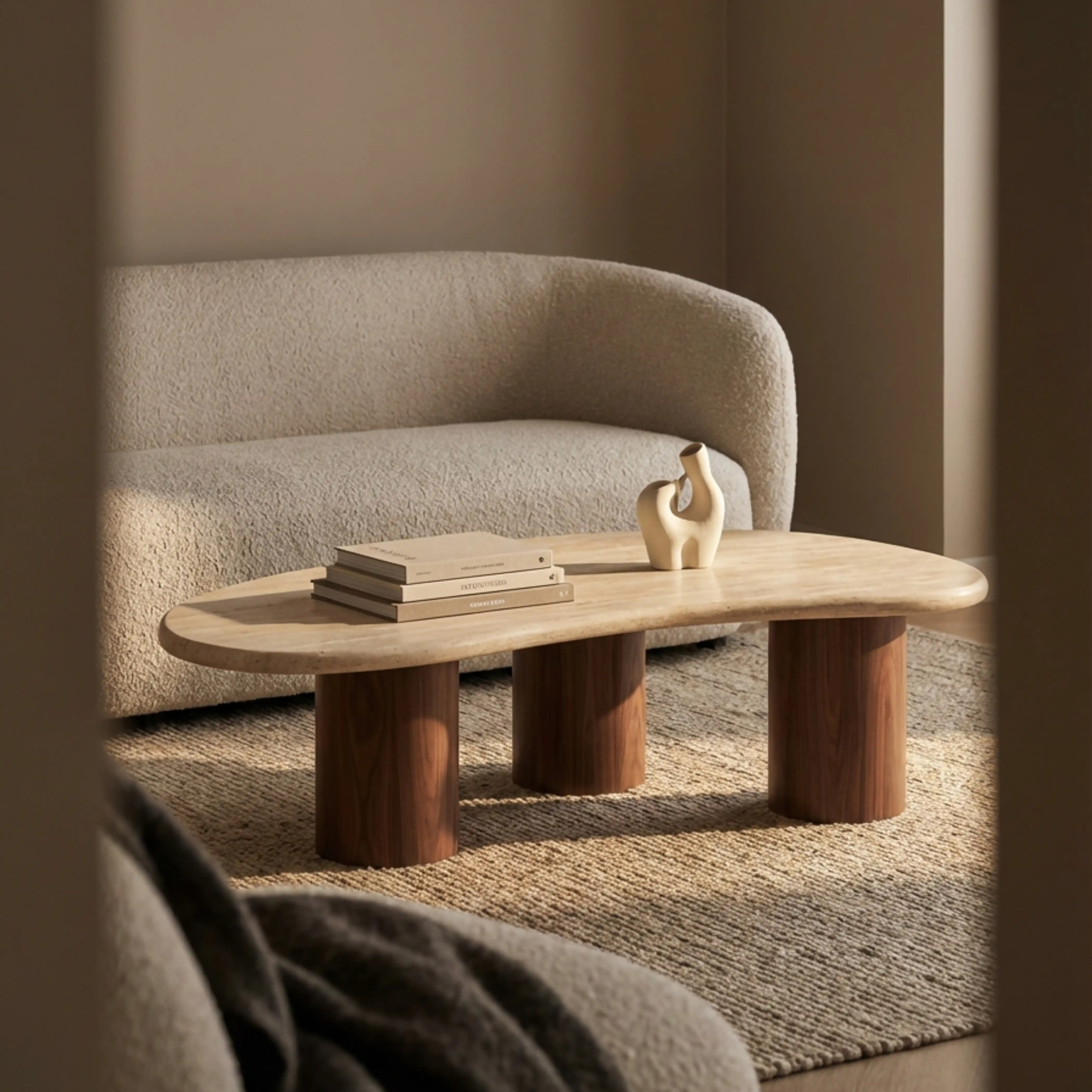 Brynleigh Curved Coffee Table | Natural Travertine Effect Stone & Walnut - Image 2