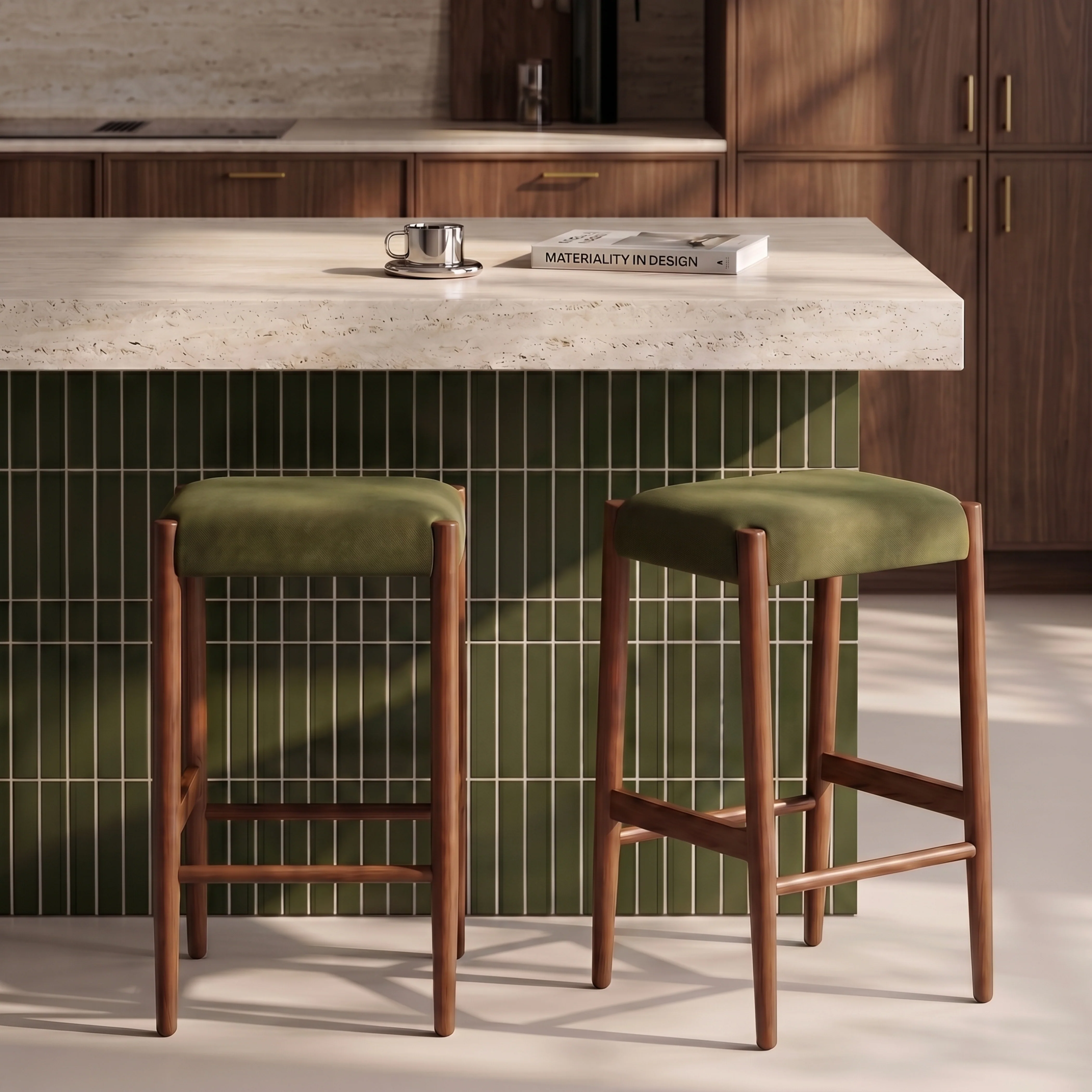 Caleb Wooden Kitchen Stool | Moss Green Sustainable Mohair Velvet & Walnut - Image 2
