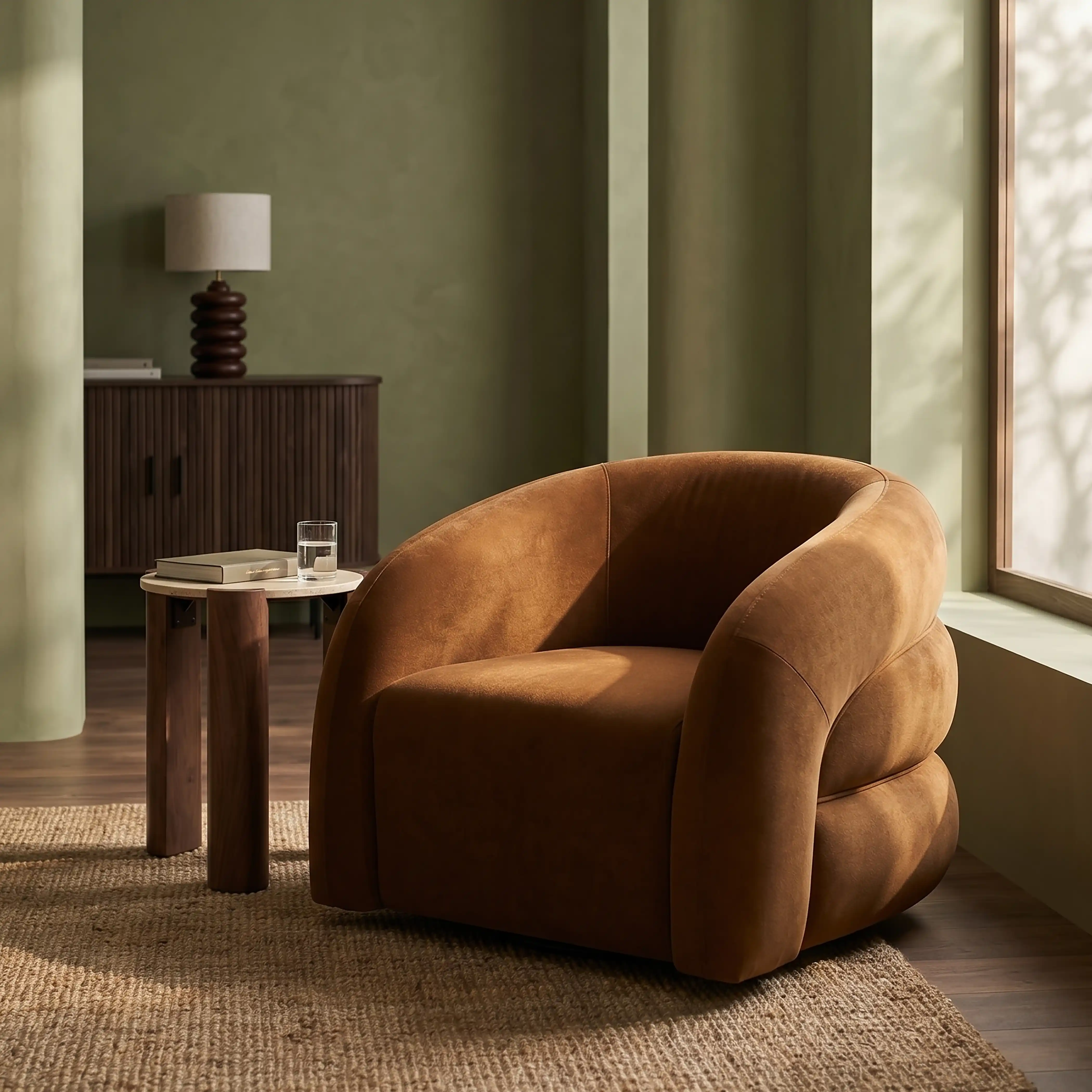 Chaplin Swivel Accent Chair | Caramel Brown Sustainable Mohair Velvet & Walnut - Image 2