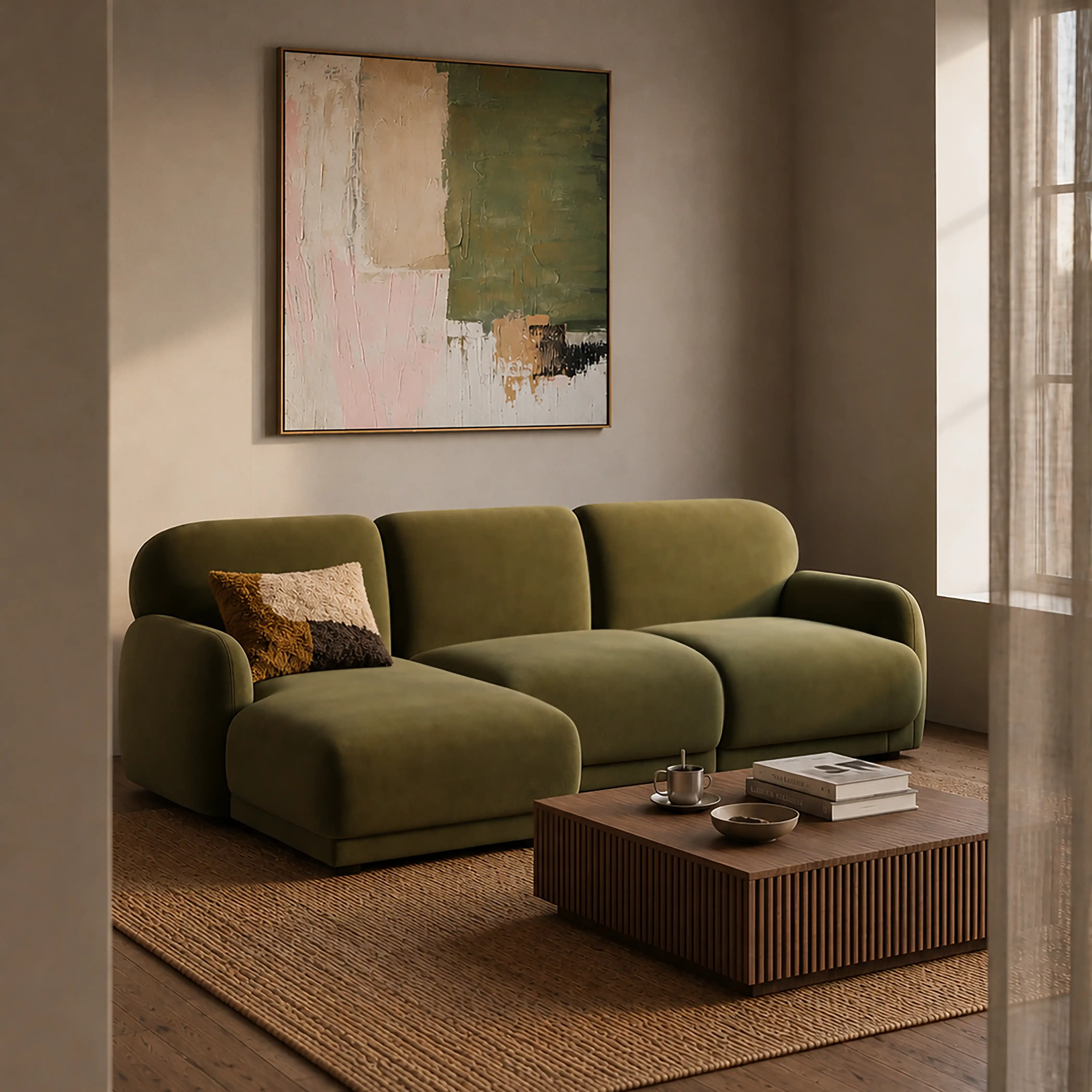 Cloud Left Hand Chaise Sofa | Moss Green Sustainable Mohair Velvet - Image 2