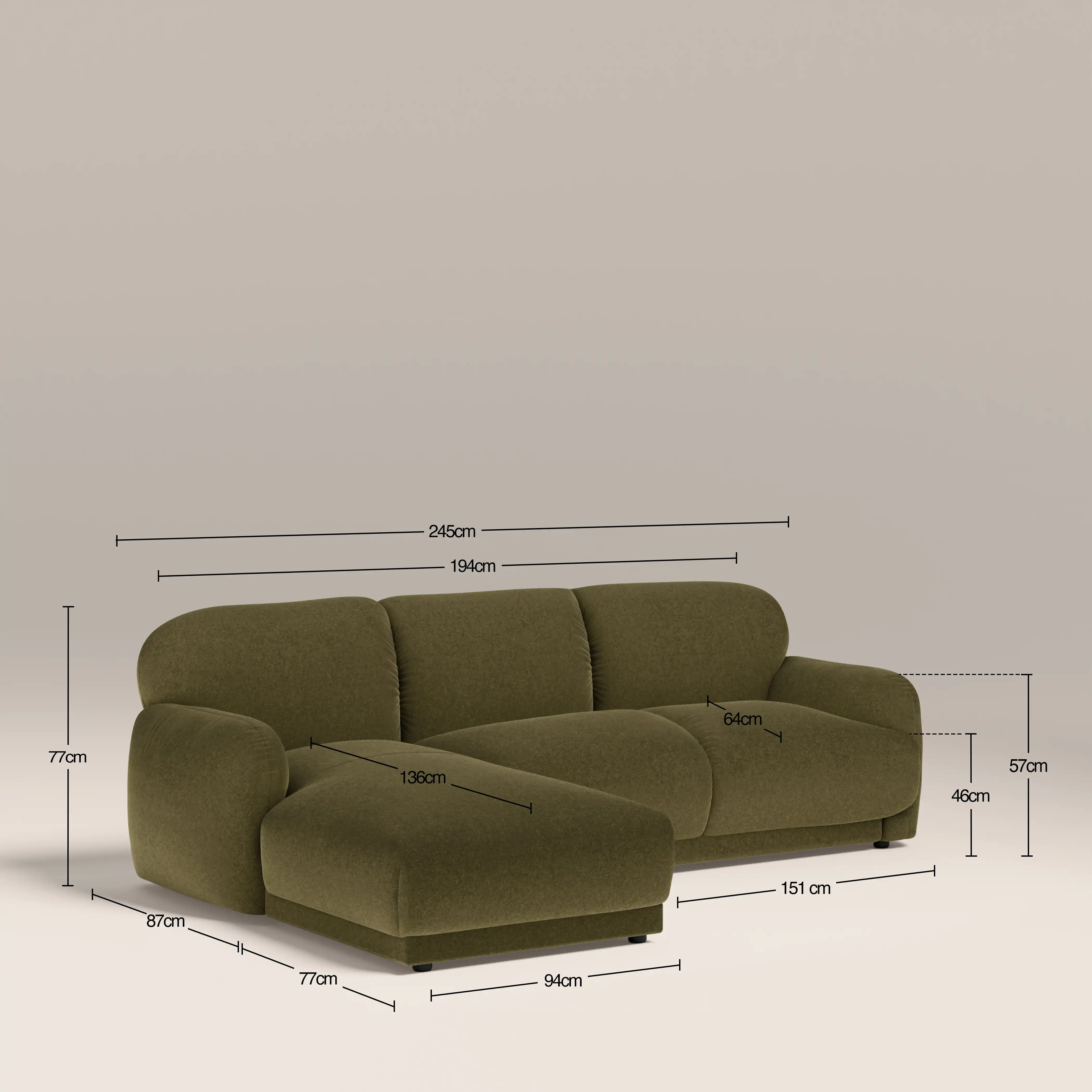 Cloud Left Hand Chaise Sofa | Moss Green Sustainable Mohair Velvet - Image 8