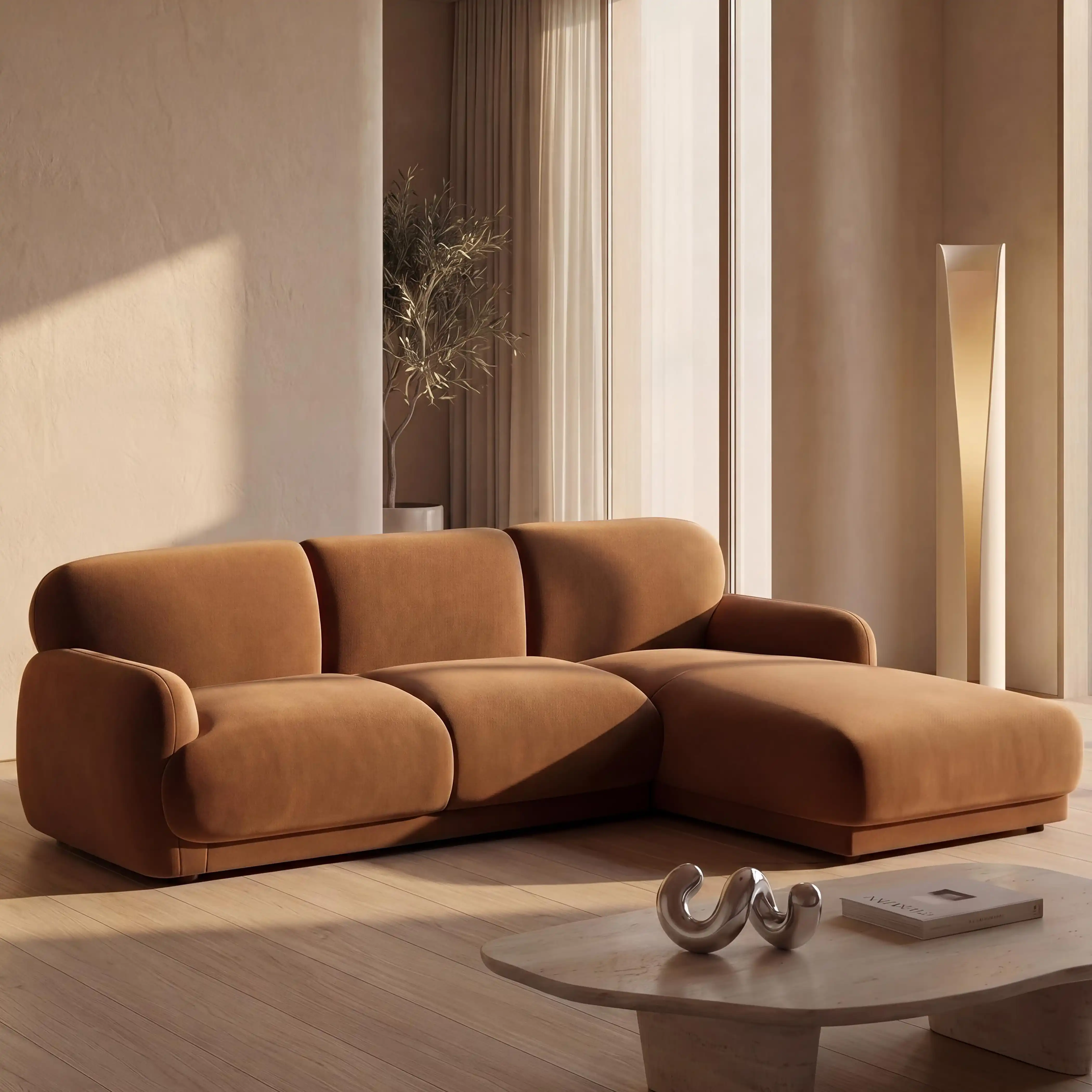 Cloud Right Hand Chaise Sofa | Caramel Brown Sustainable Mohair Velvet - Image 2