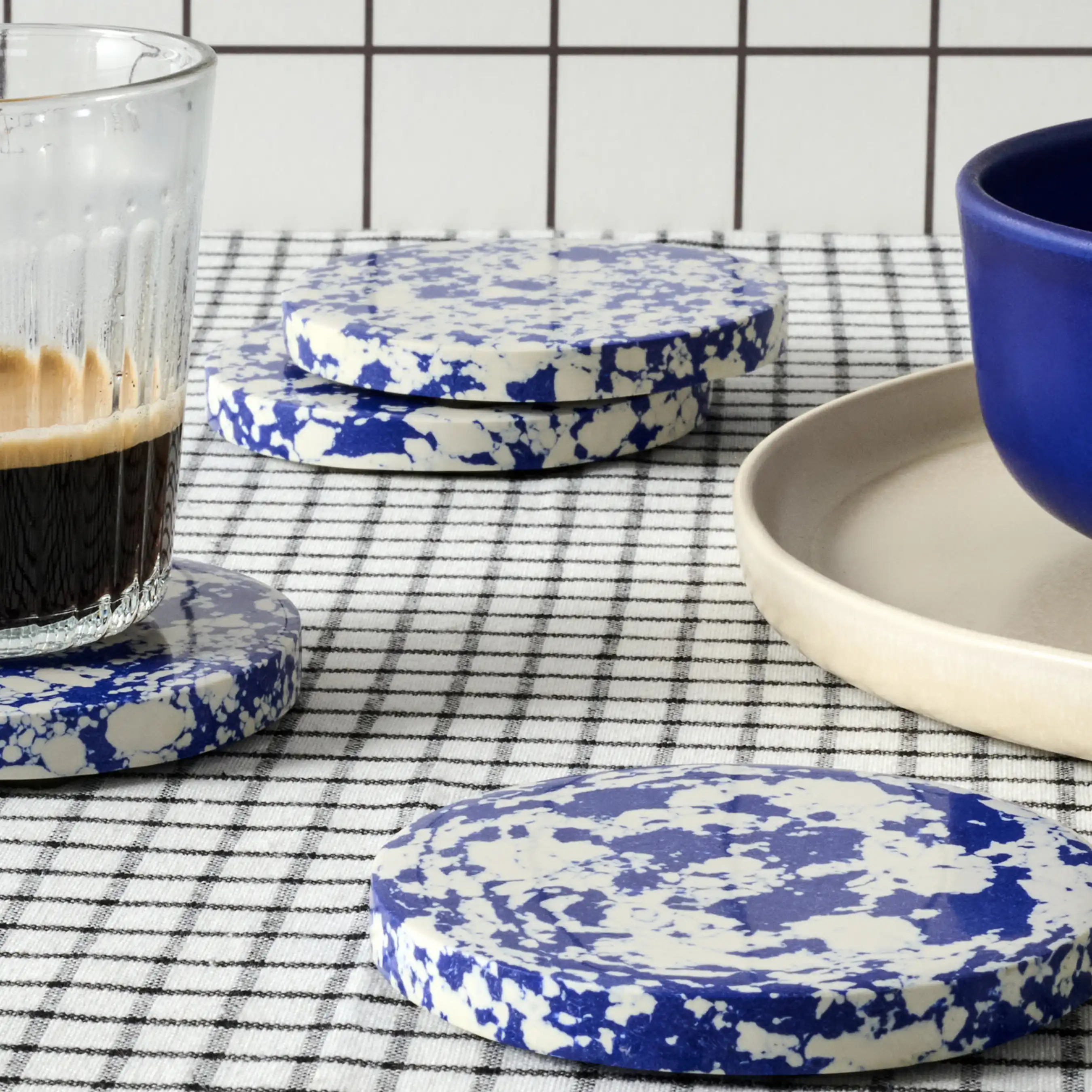 Rock Set of 4 Round Coasters | Cobalt Blue & White