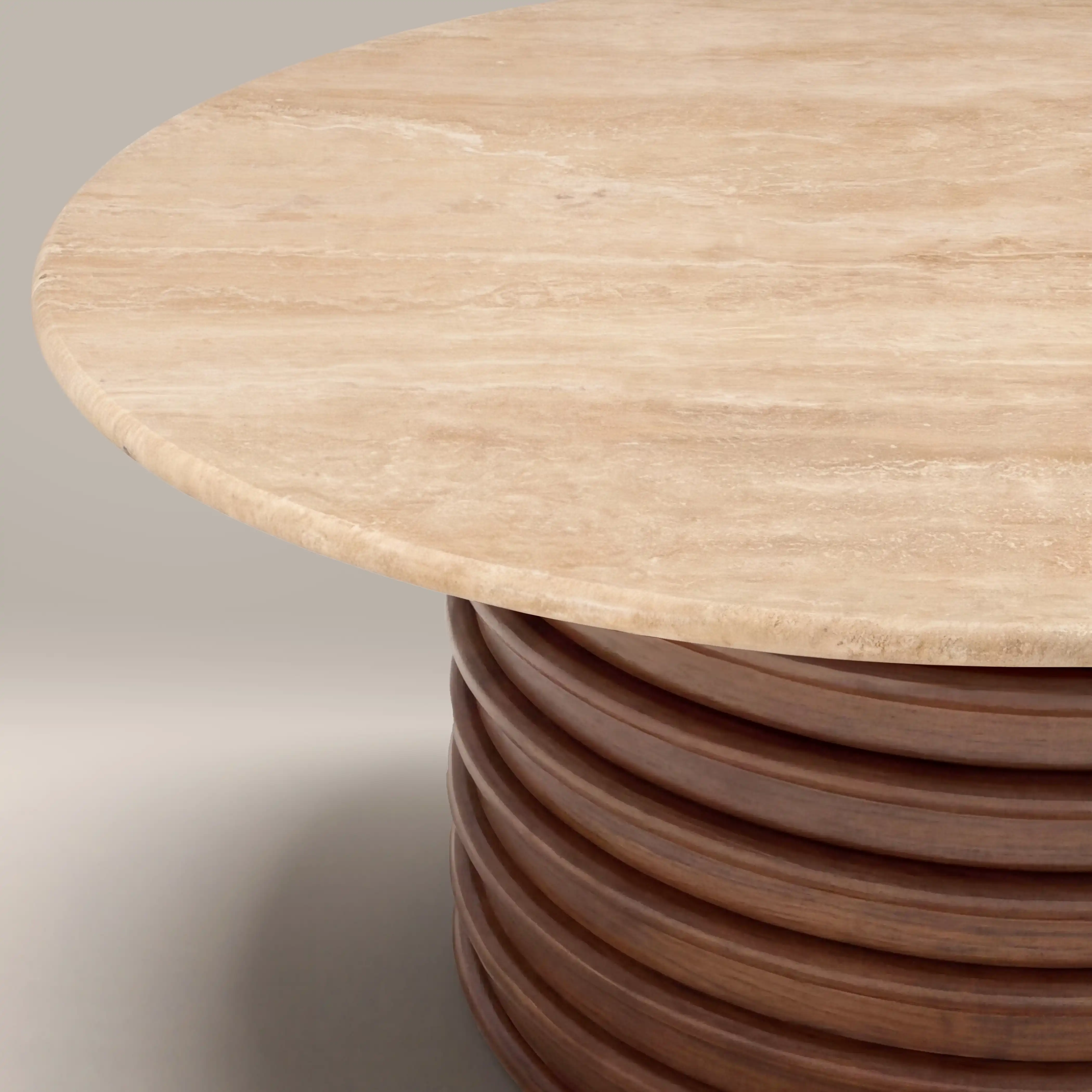 Dita Round Coffee Table | Natural Travertine & Walnut - Image 4