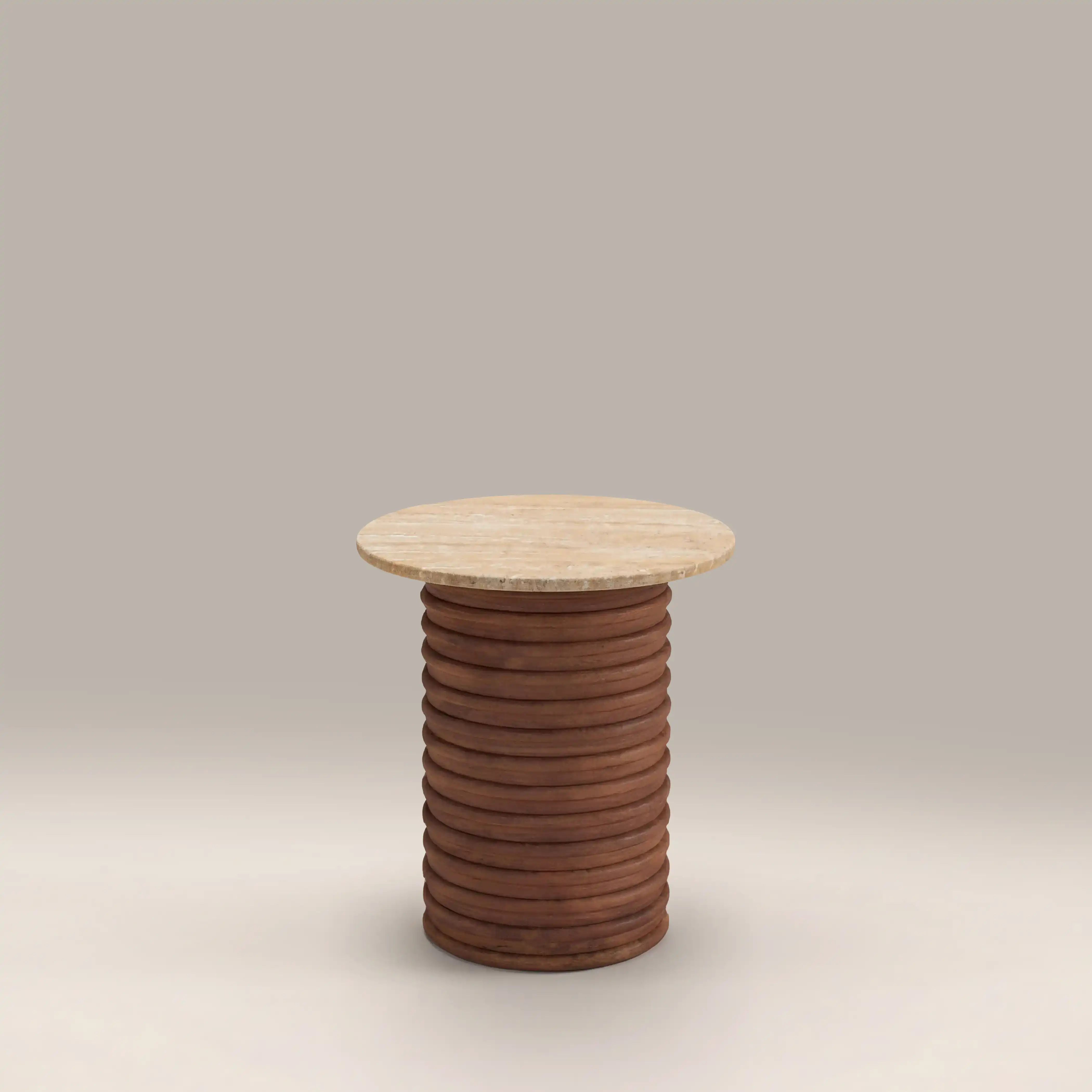 Dita Round Side Table | Natural Travertine & Walnut - Image 3