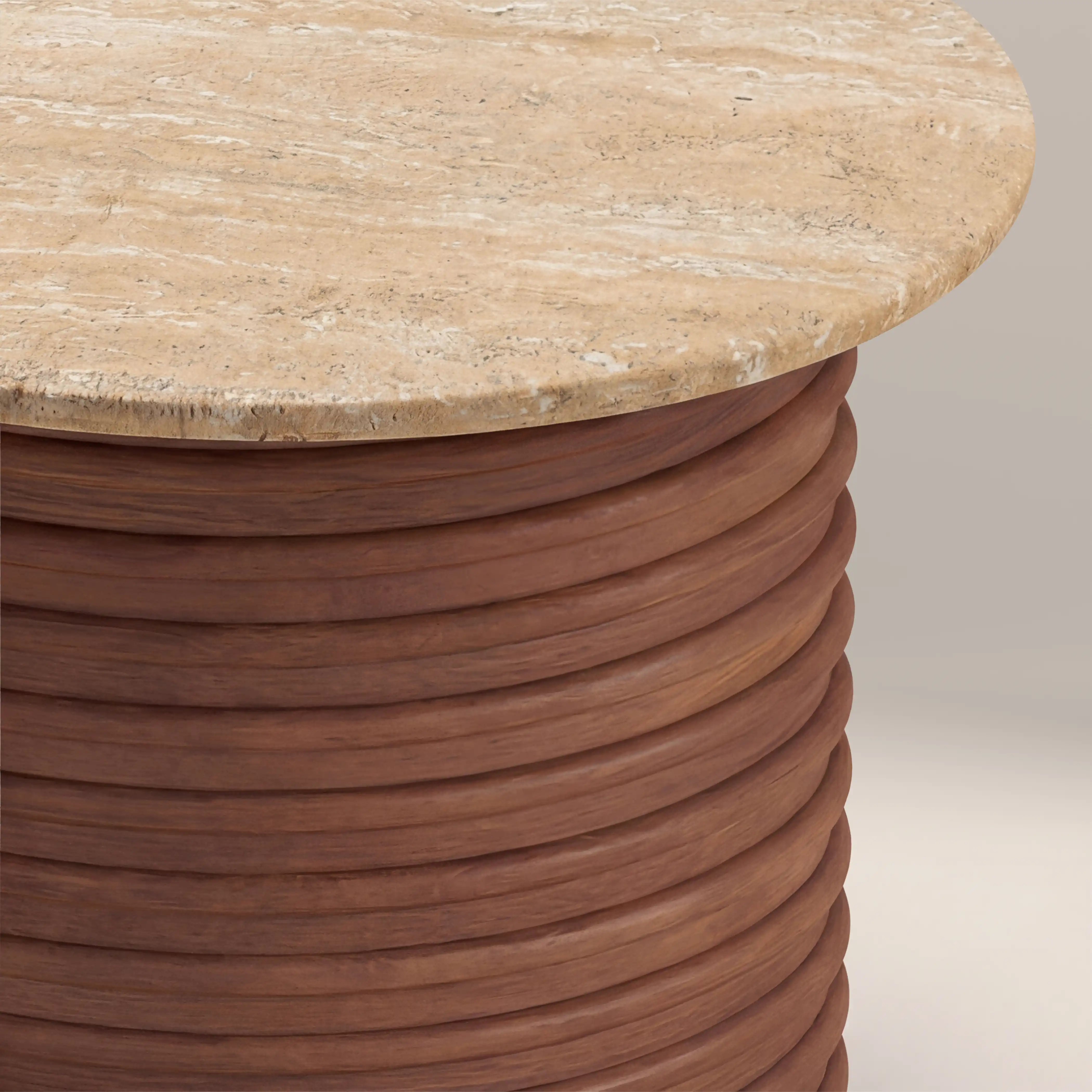 Dita Round Side Table | Natural Travertine & Walnut - Image 5