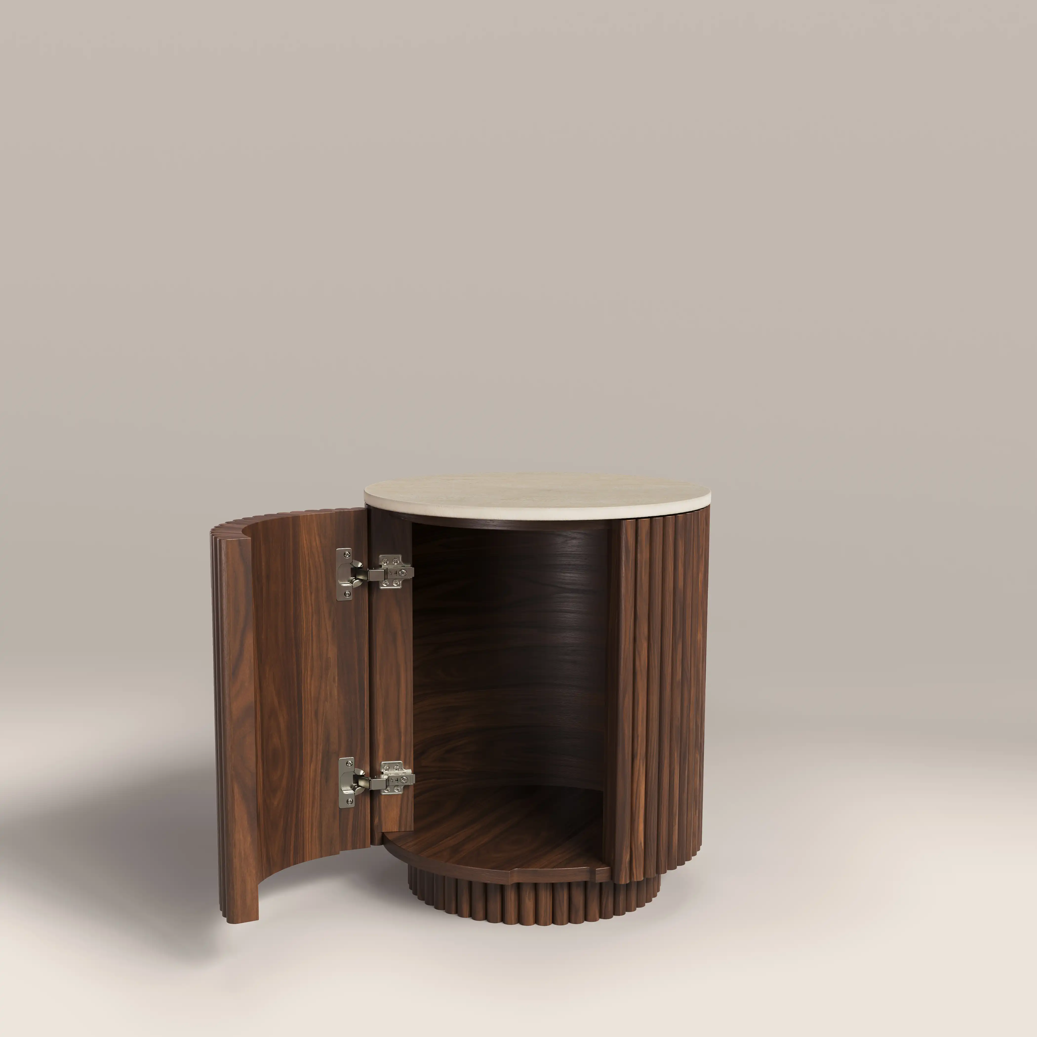Everly Round Storage Side Table | Natural Travertine Effect Sintered Stone & Walnut - Image 3