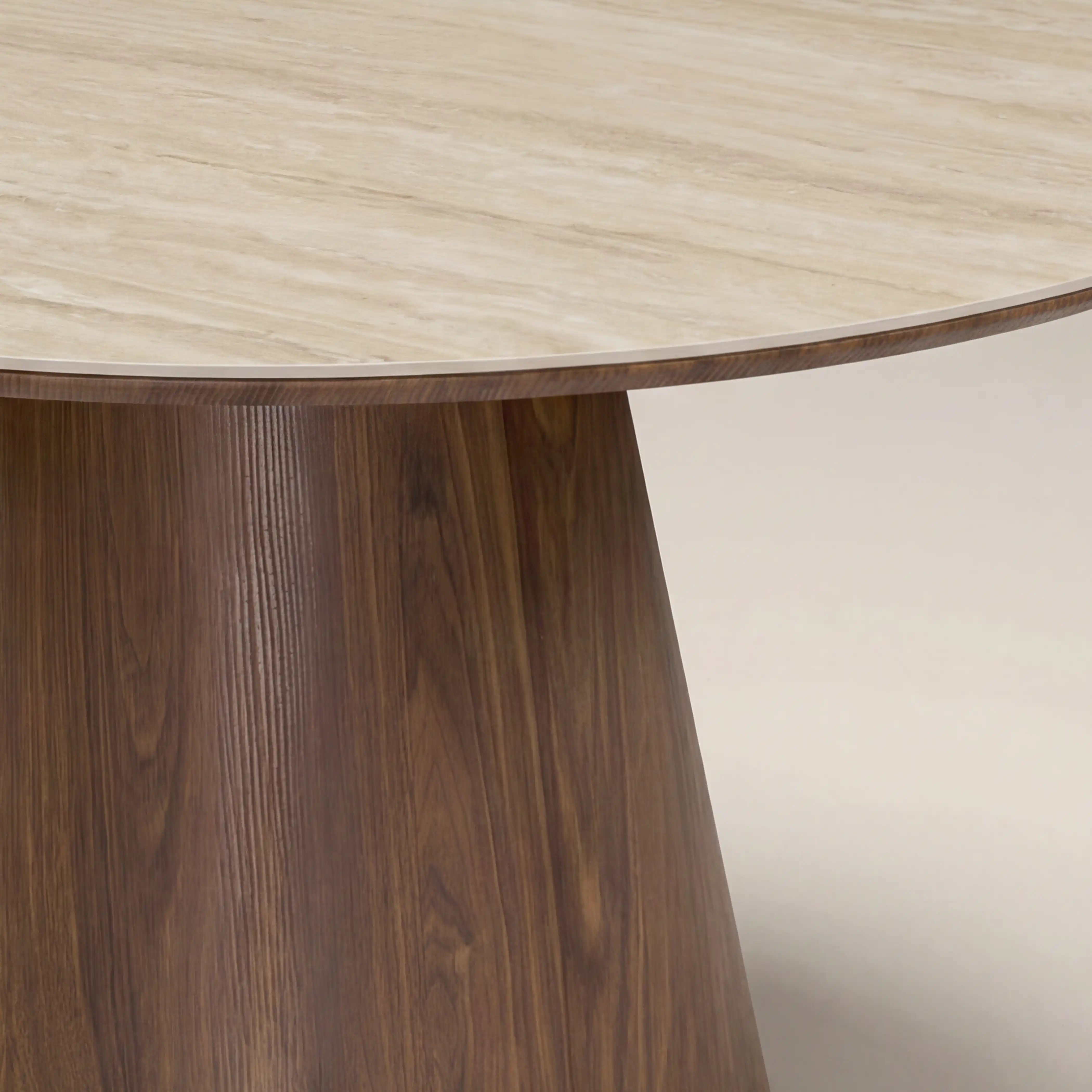 Finnley Large 4 Seat Round Dining Table | Natural Travertine Effect Sintered Stone & Walnut - Image 5