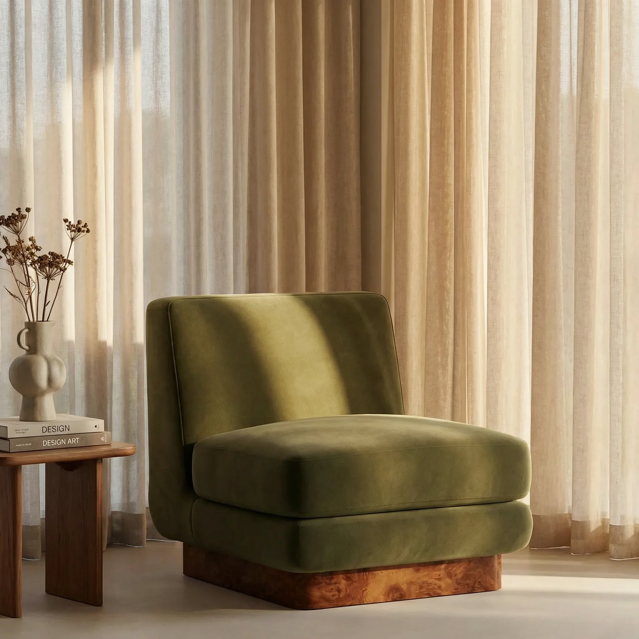 Harrison Accent Chair | Moss Green Sustainable Mohair Velvet & Walnut Burl Wood - Image 2