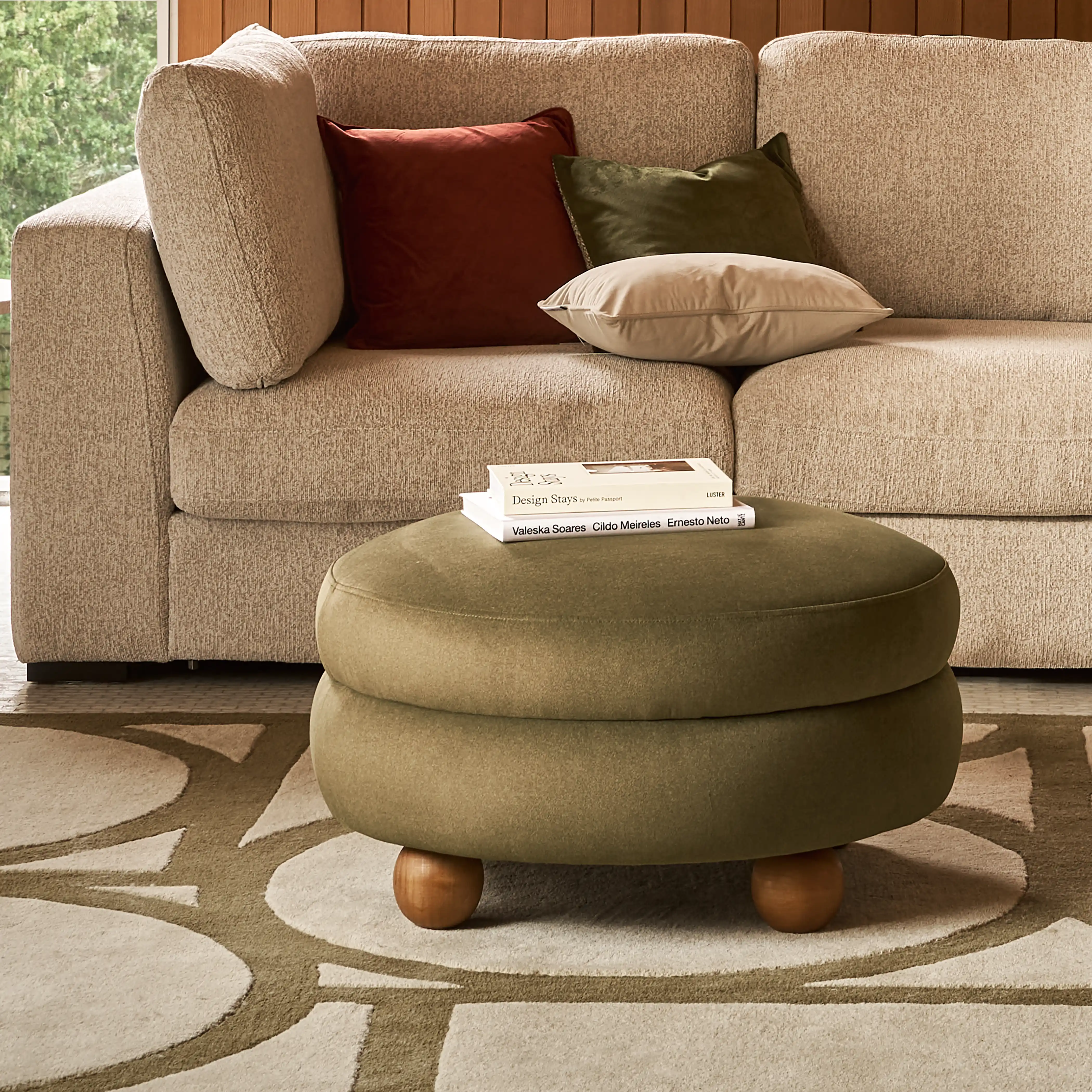 Hazel Footstool | Moss Green Sustainable Mohair Velvet & Natural