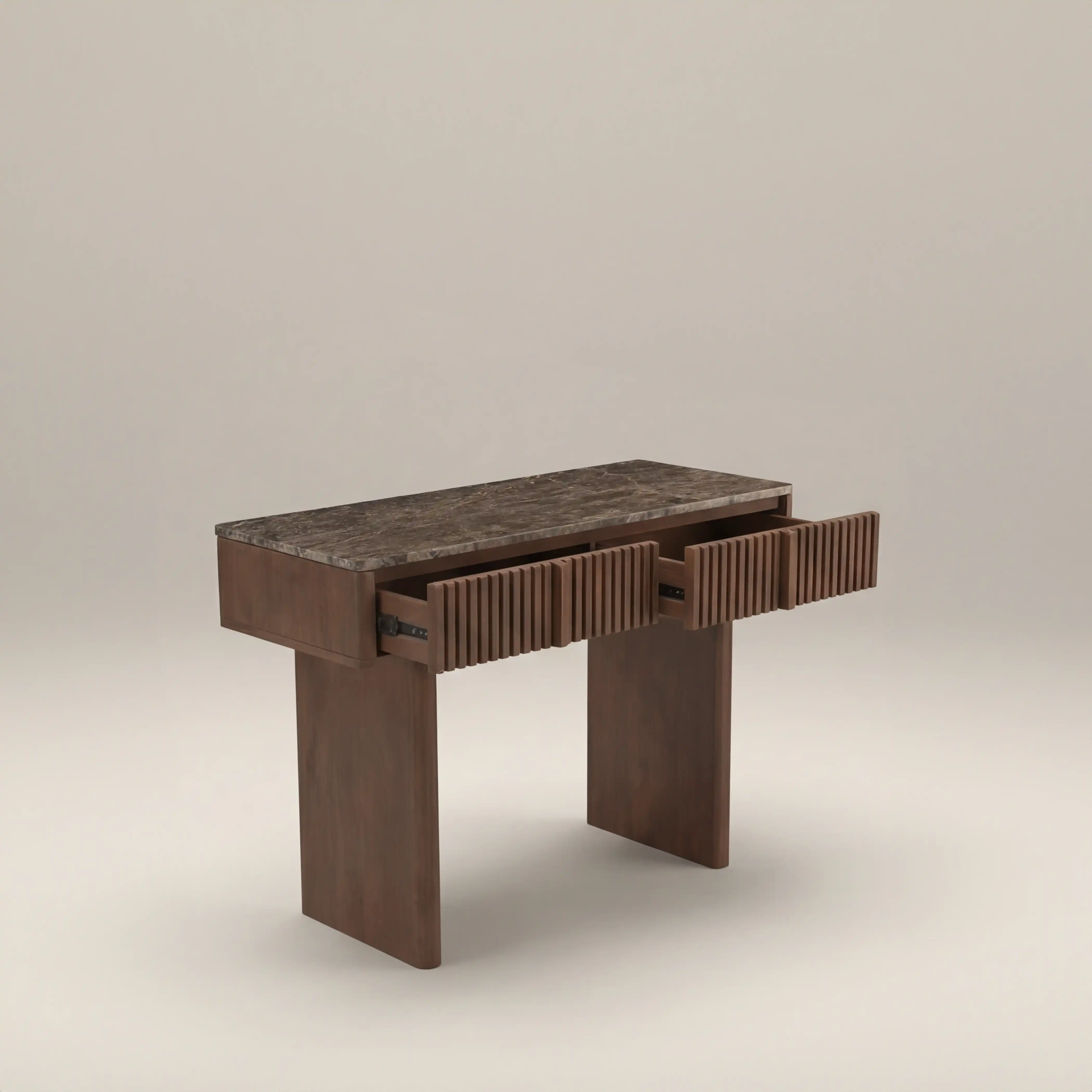 Janis 2 Drawer Console Table | Emperador Brown Honed Marble & Walnut - Image 4
