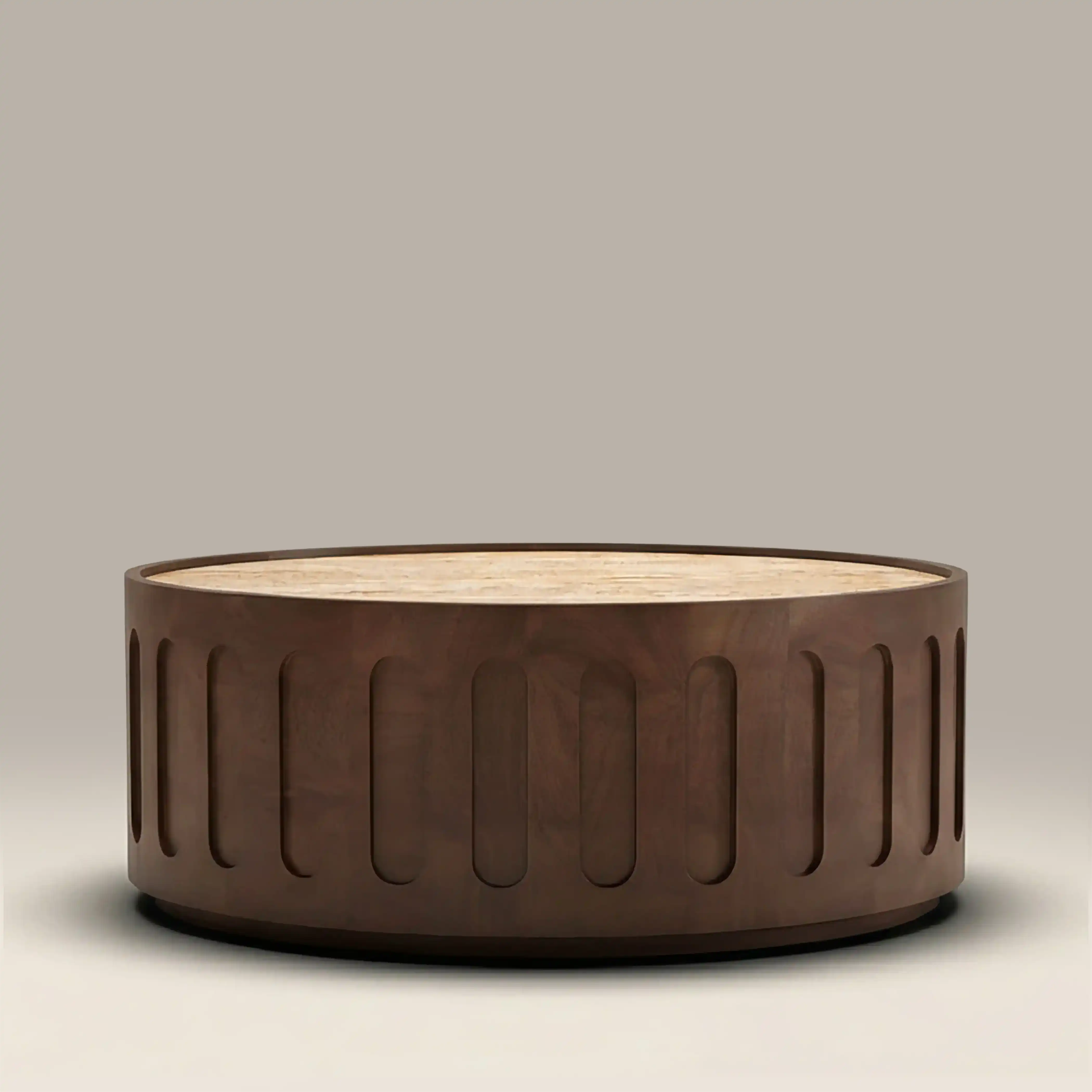 Juno Round Coffee Table | Natural Travertine & Walnut - Image 3