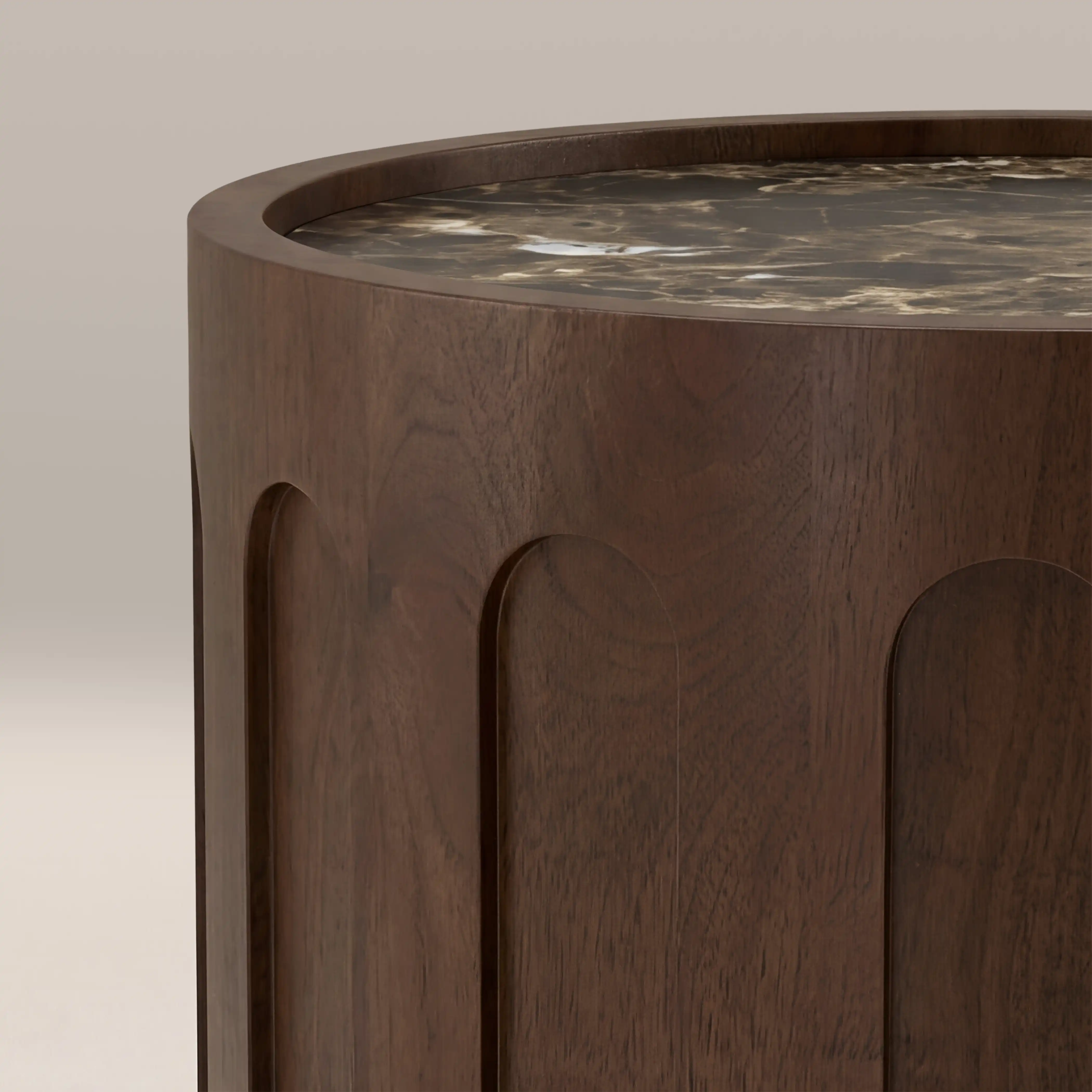 Juno Round Side Table | Emperador Brown Honed Marble & Walnut - Image 5