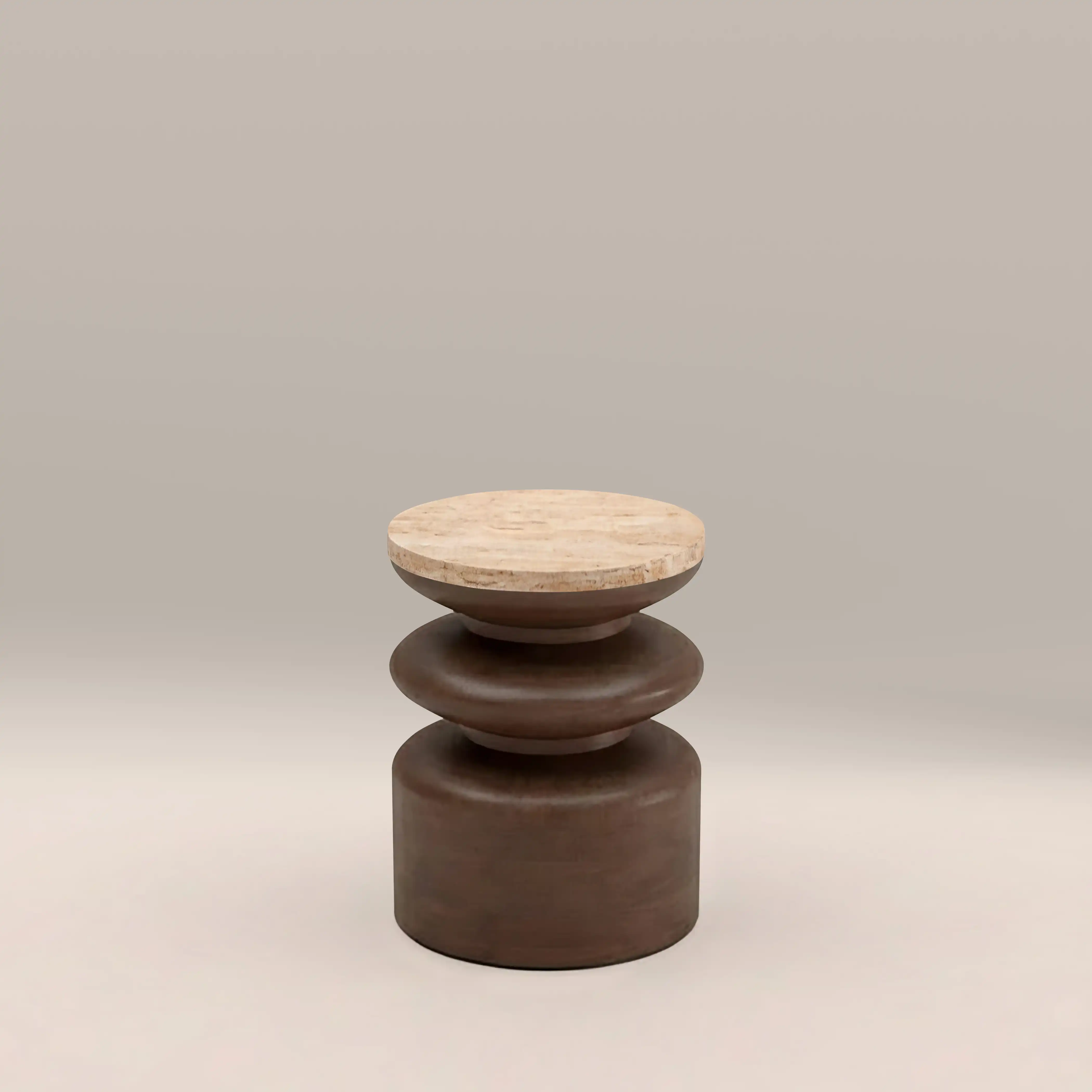 Leia Round Side Table | Natural Travertine & Walnut - Image 3