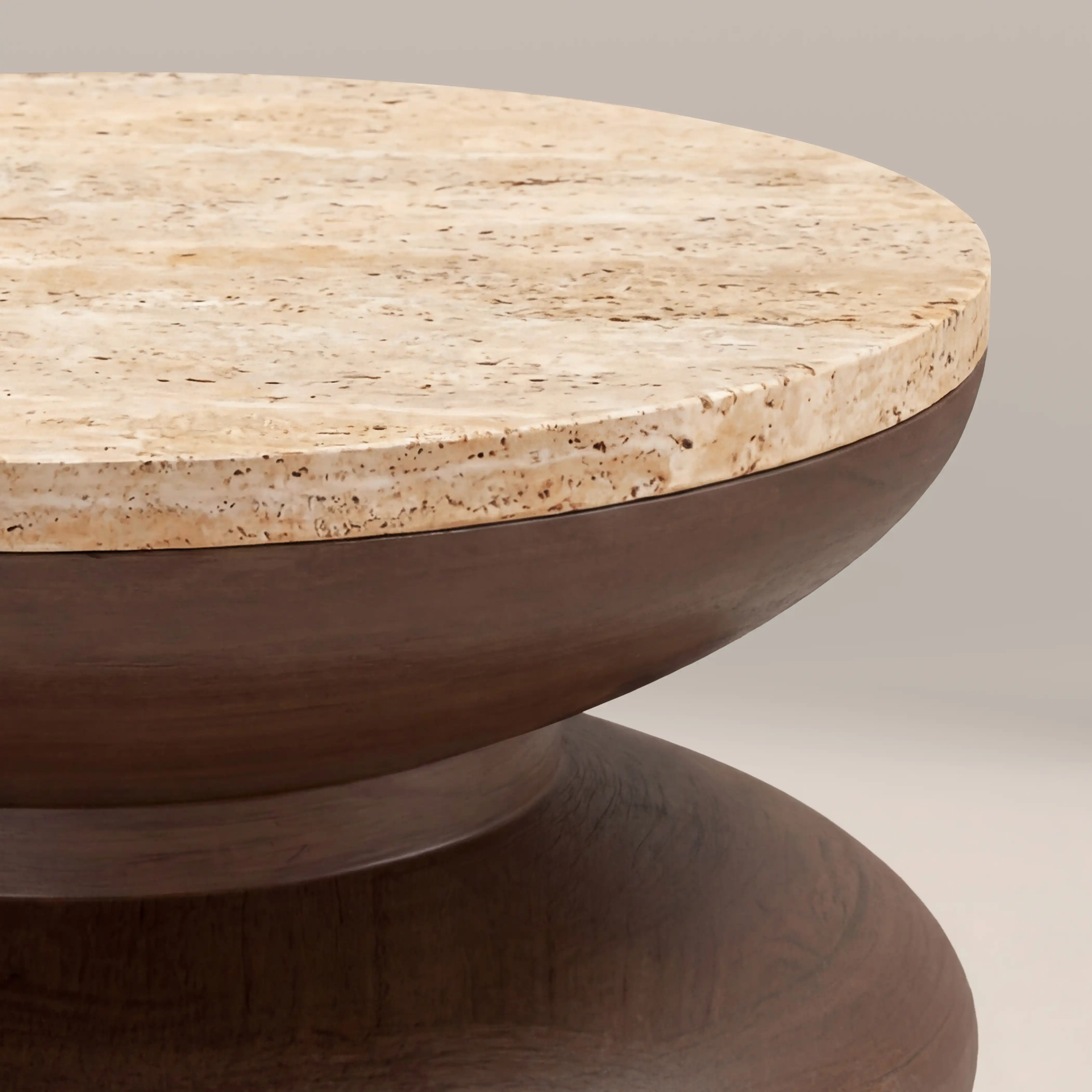 Leia Round Side Table | Natural Travertine & Walnut - Image 5