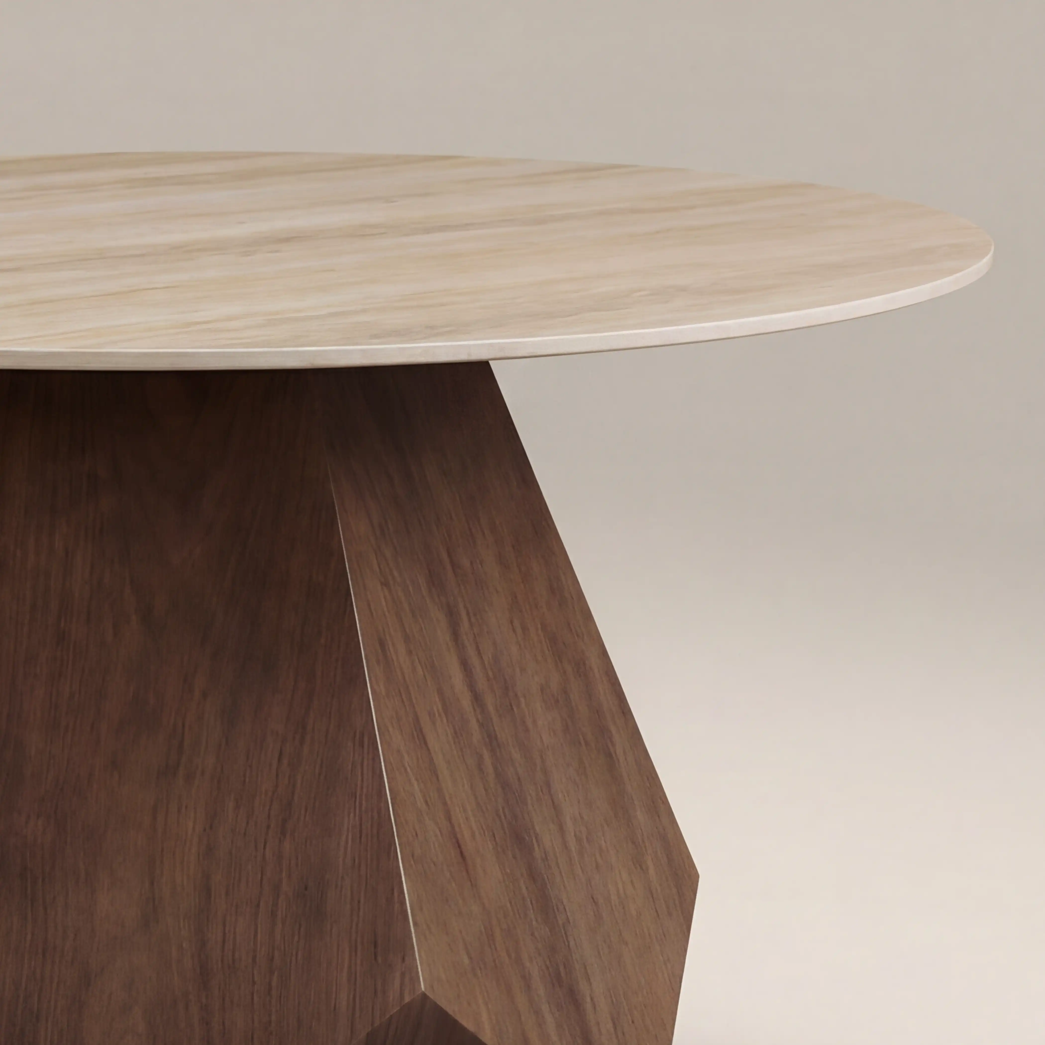 Lilian 4 Seat Round Dining Table | Natural Travertine Effect Sintered Stone & Walnut - Image 5