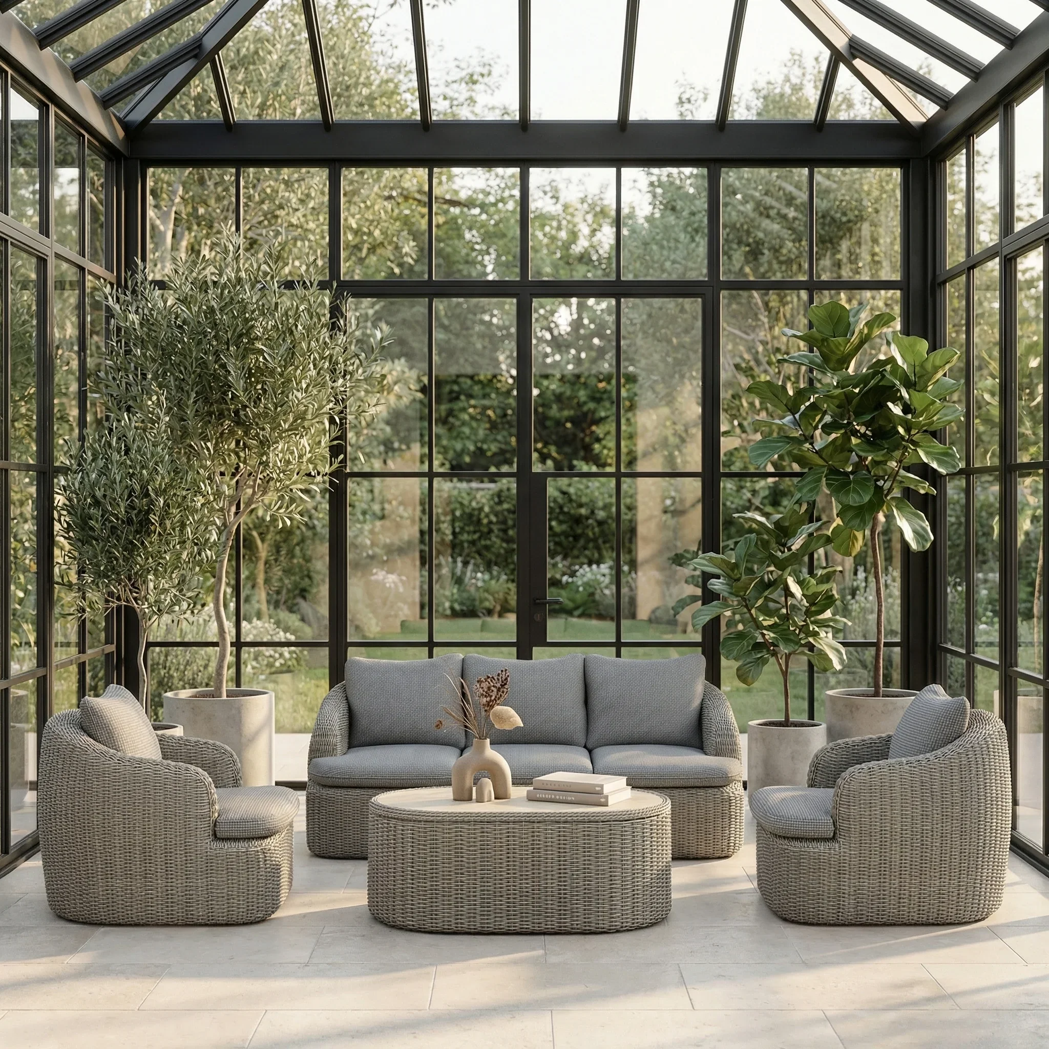 Lucia Garden Sofa Set | Retro Pattern Fabric & Smoked Natural Rattan - Image 3