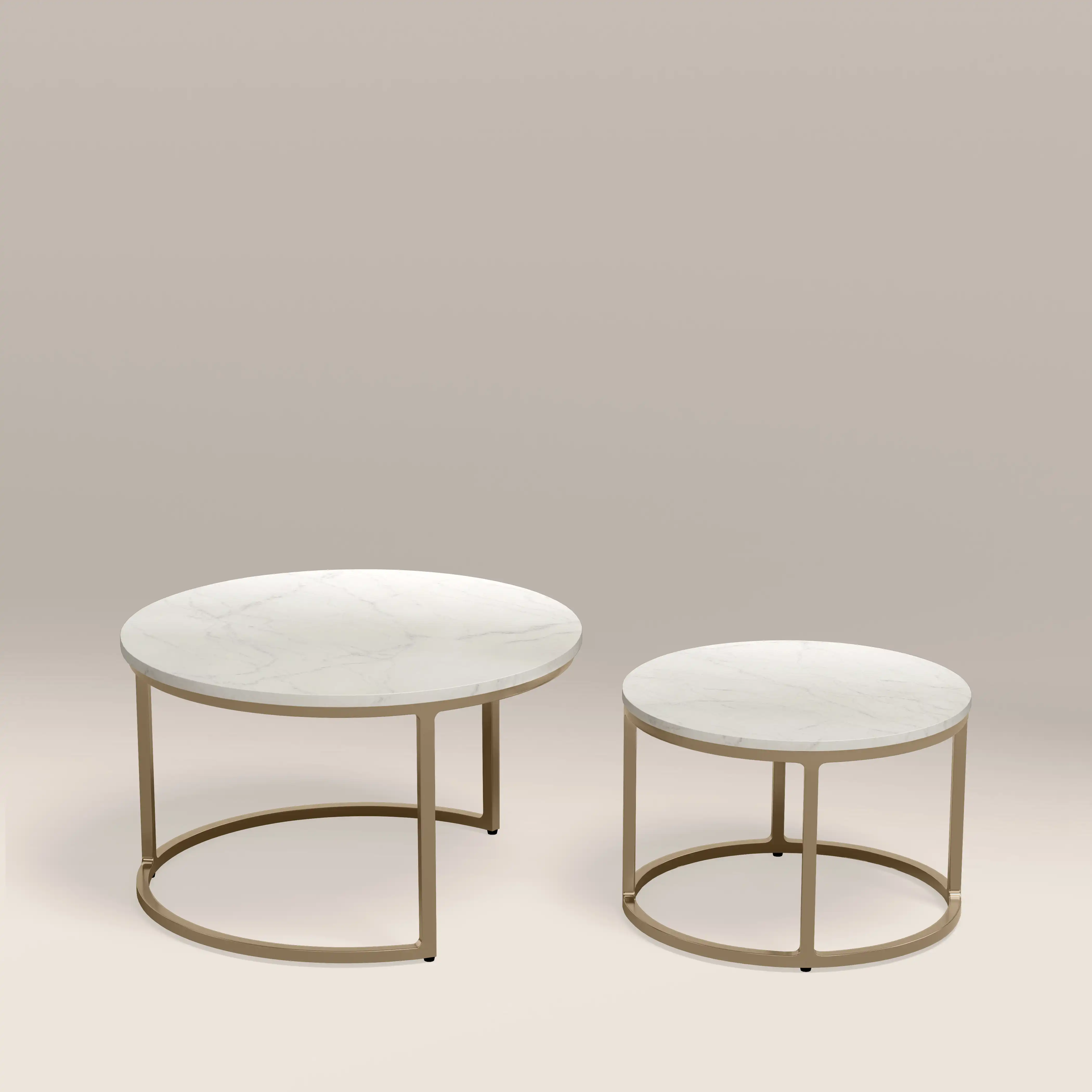 Madison Set Of 2 Round Nesting Coffee Tables | White Marble & Brass - Image 4