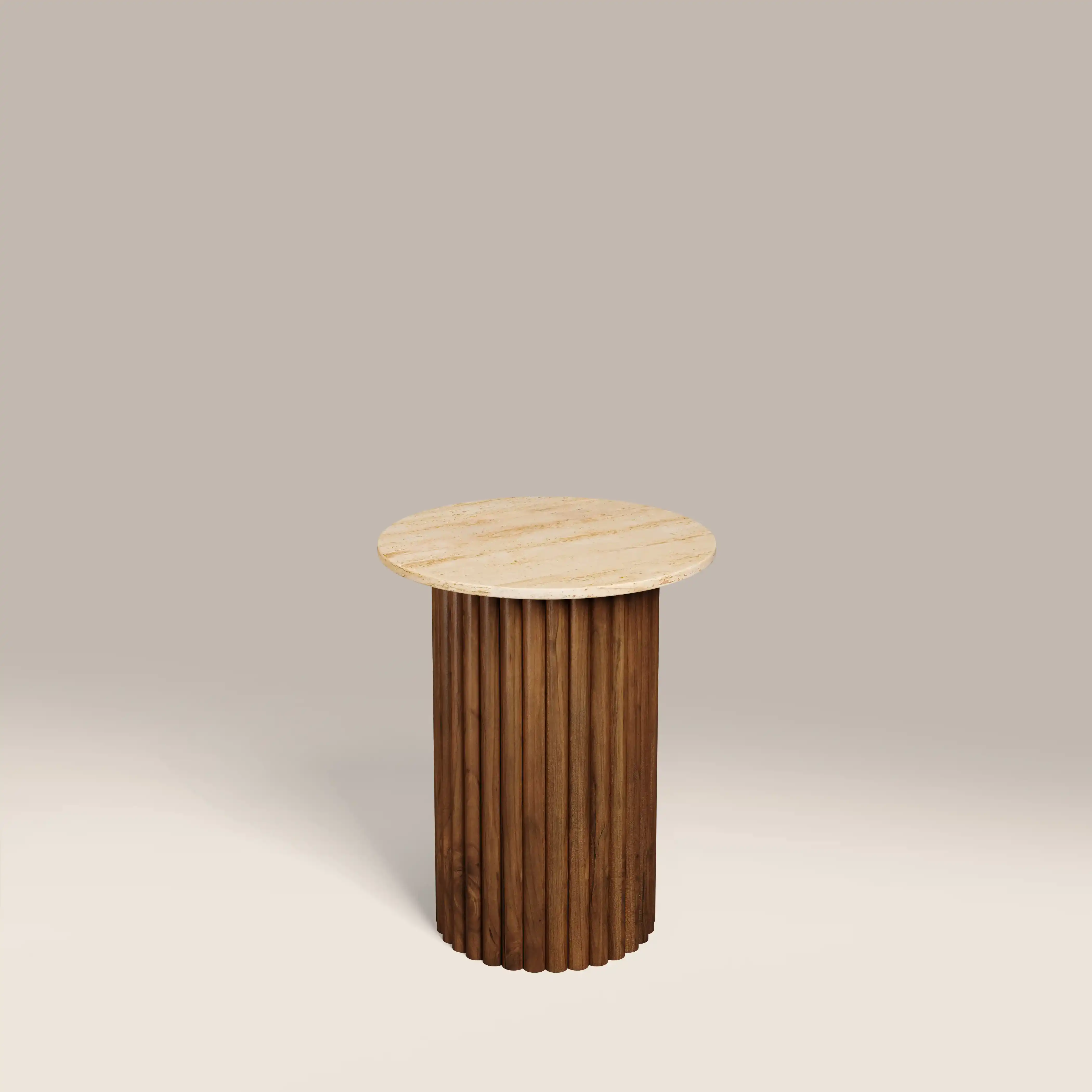 Medby Round Side Table | Natural Travertine & Walnut - Image 3