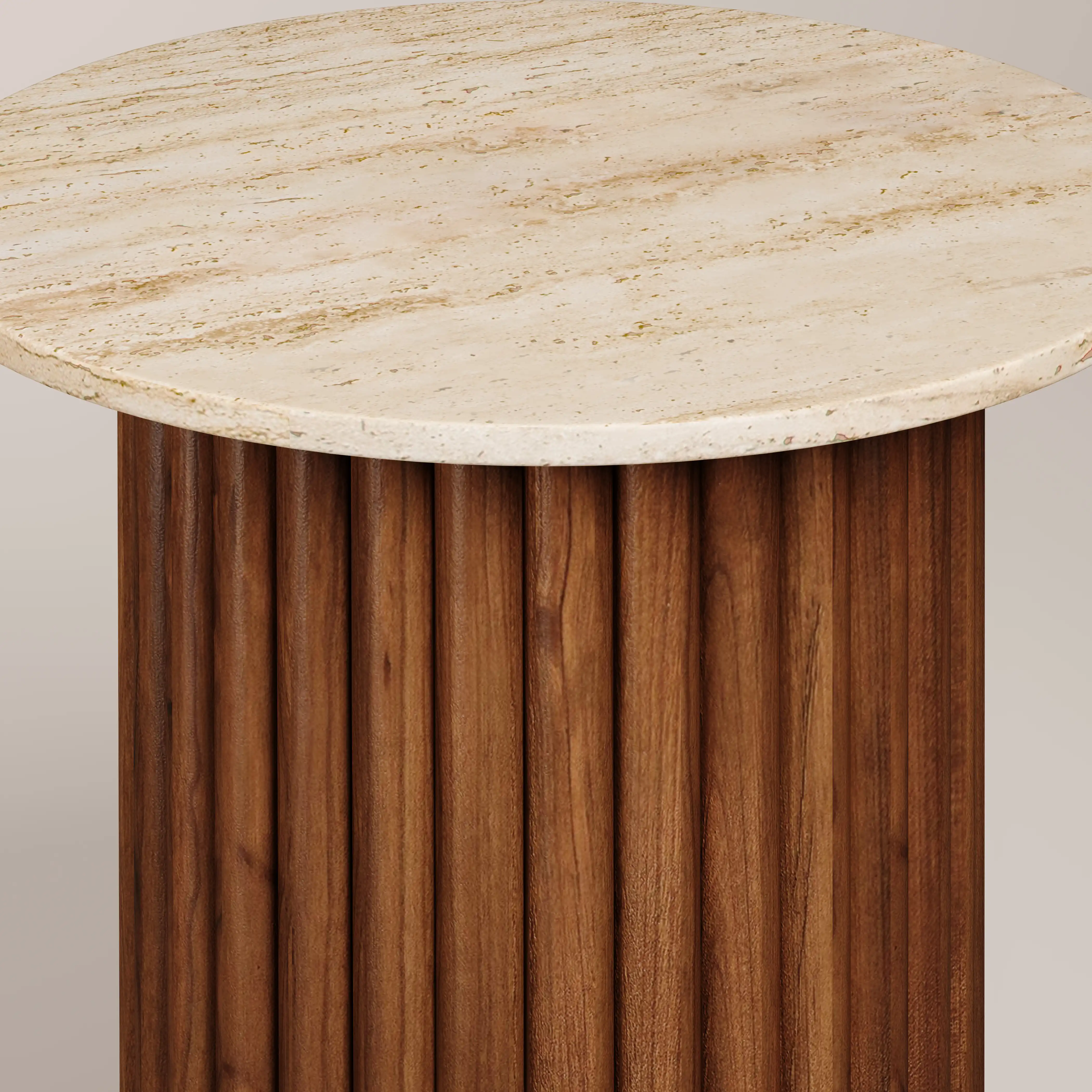 Medby Round Side Table | Natural Travertine & Walnut - Image 4