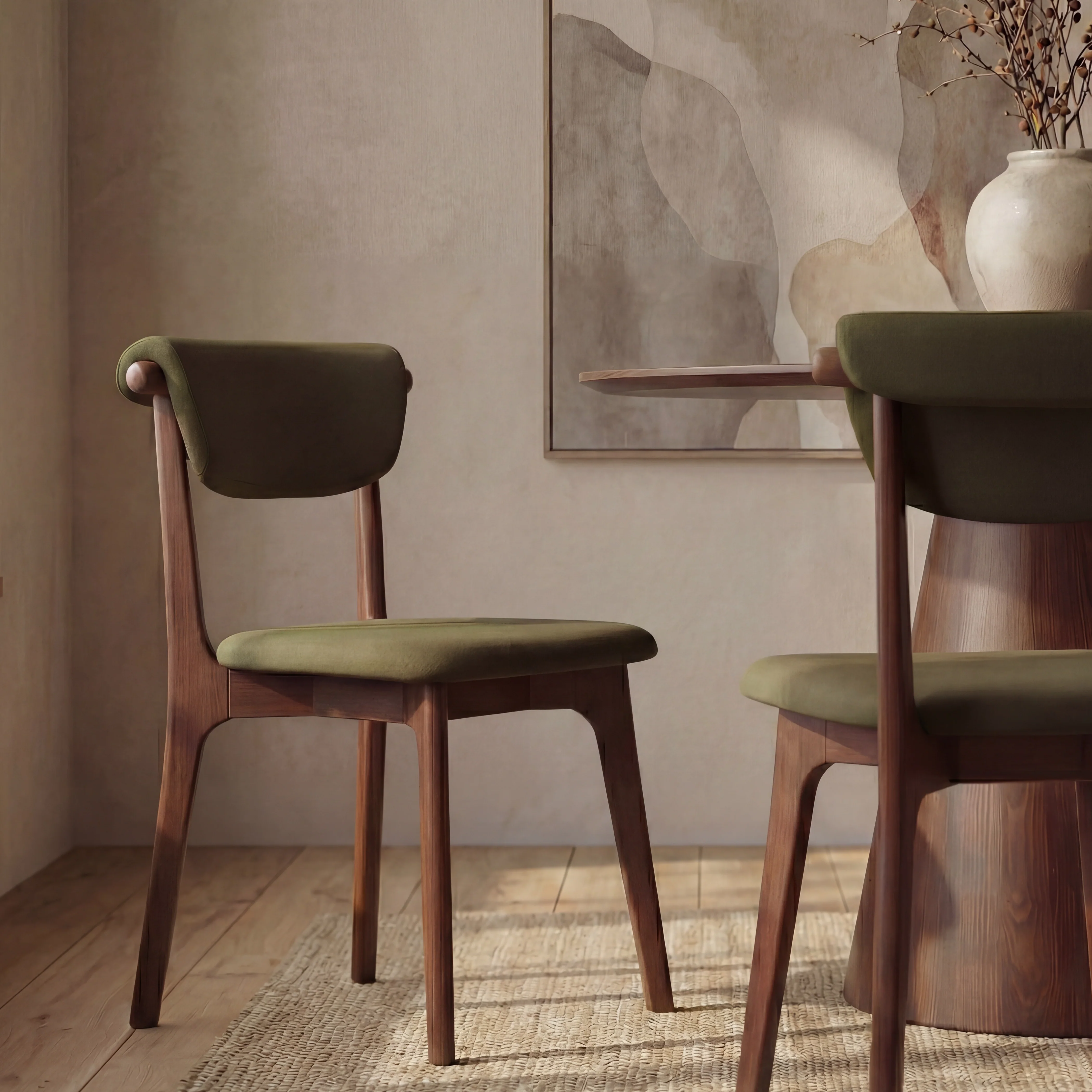 Nobu Dining Chair | Moss Green Sustainable Mohair Velvet & Walnut