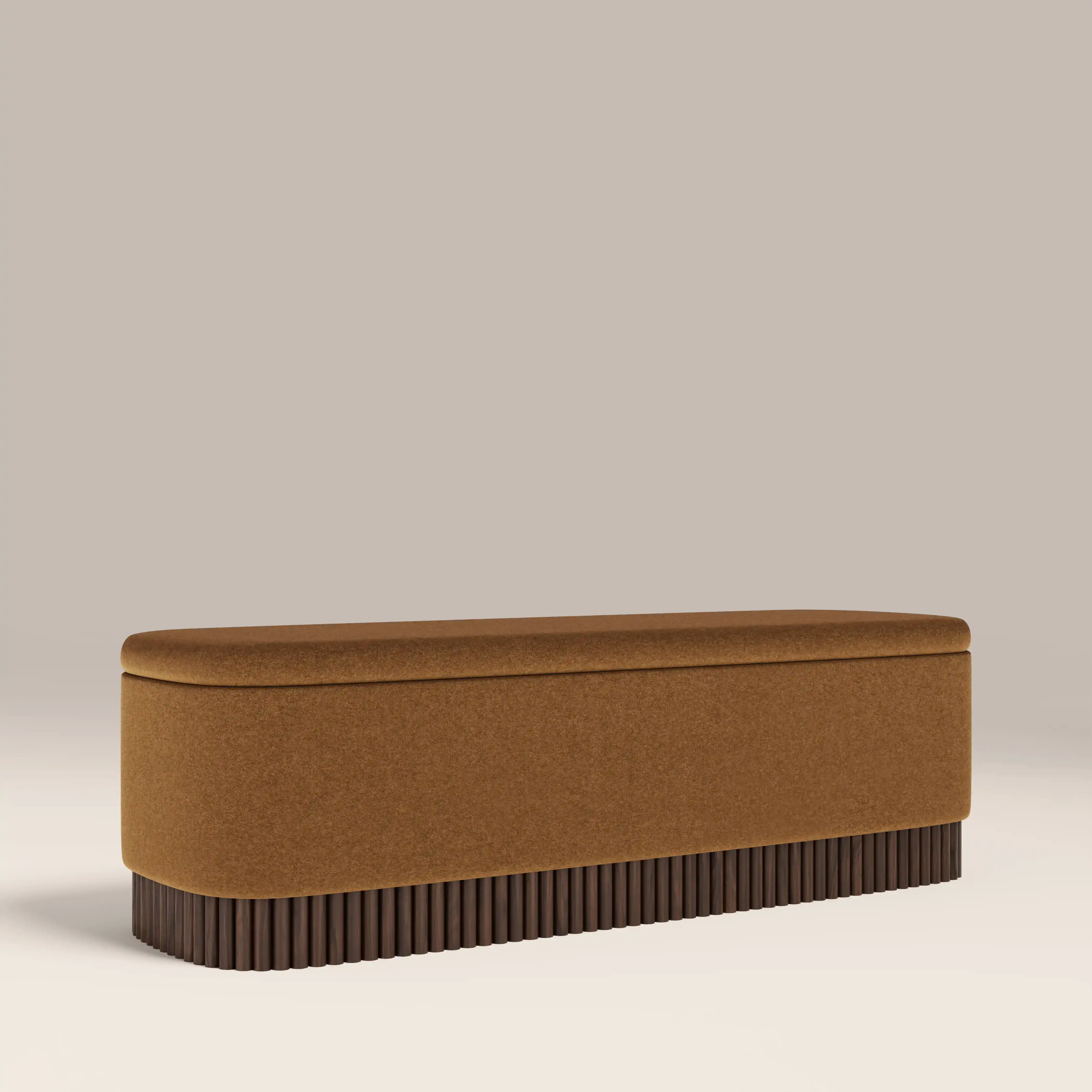 Oberon Storage Ottoman | Caramel Sustainable Mohair Velvet & Walnut - Image 2
