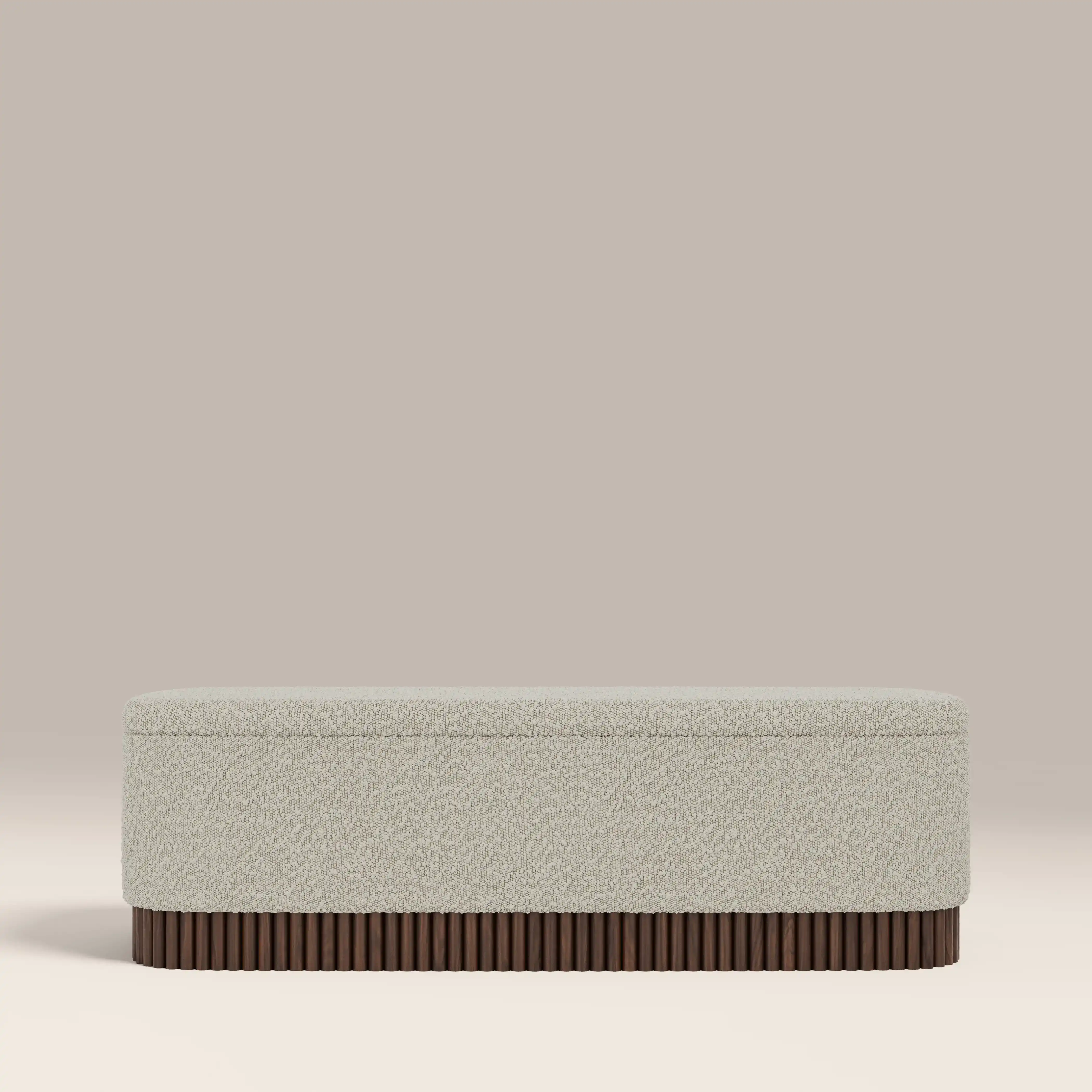 Oberon Storage Ottoman | Speckled Stone Sustainable Boucle & Walnut