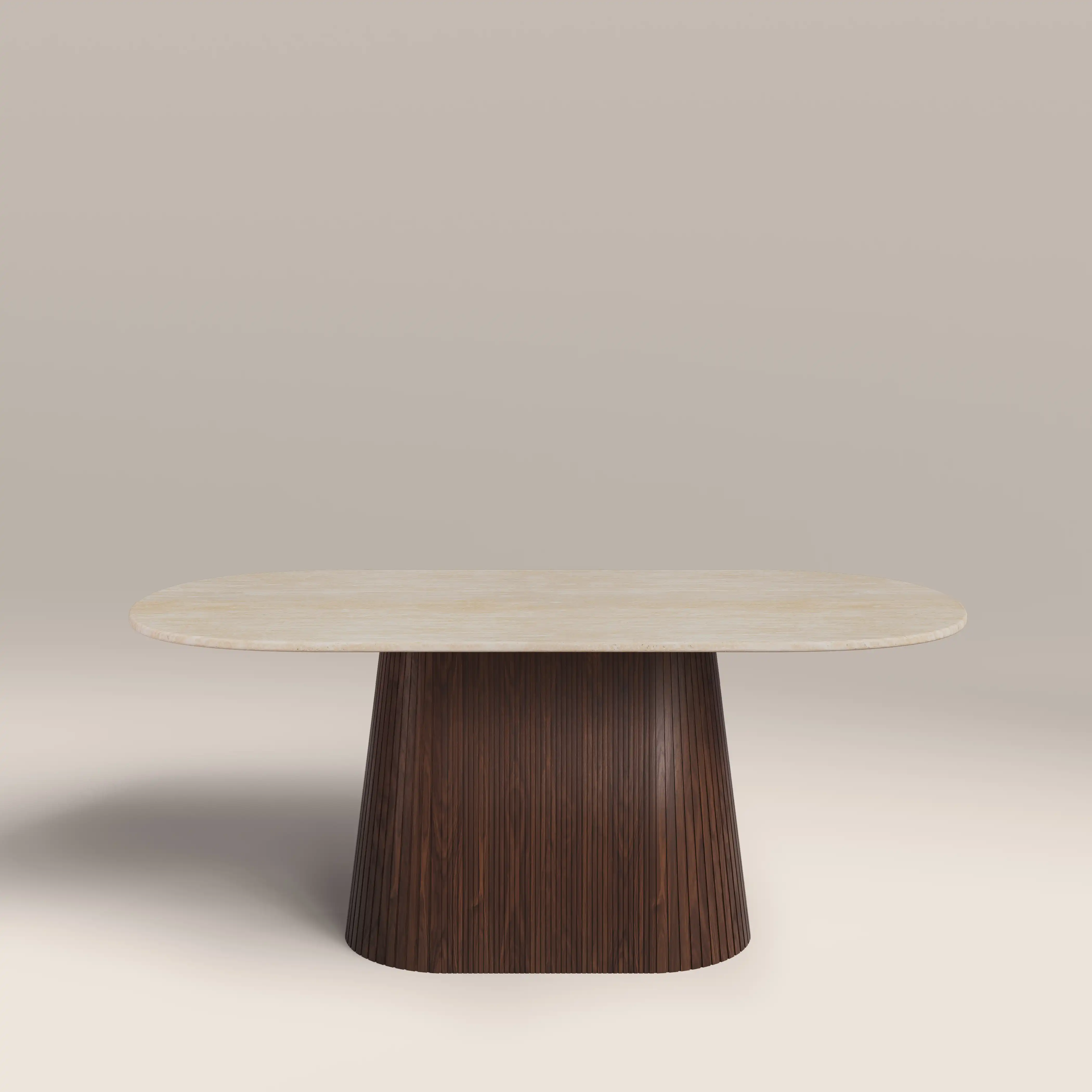 Oxborough 6 Seat Oval Dining Table | Natural Travertine Effect Stone & Walnut - Image 5