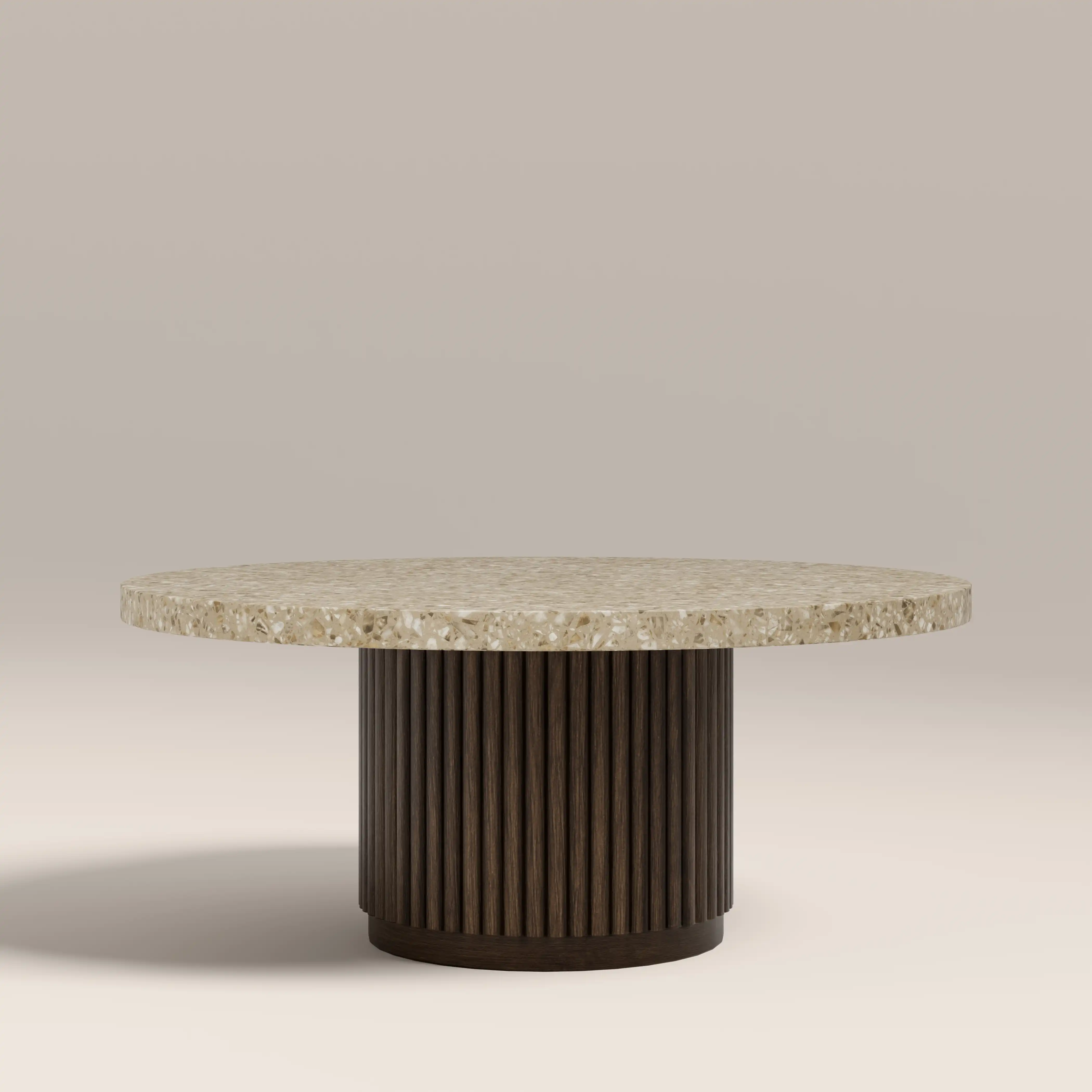 Pedersen Round Coffee Table | Cappuccino Brown Riverstone Marble & Walnut