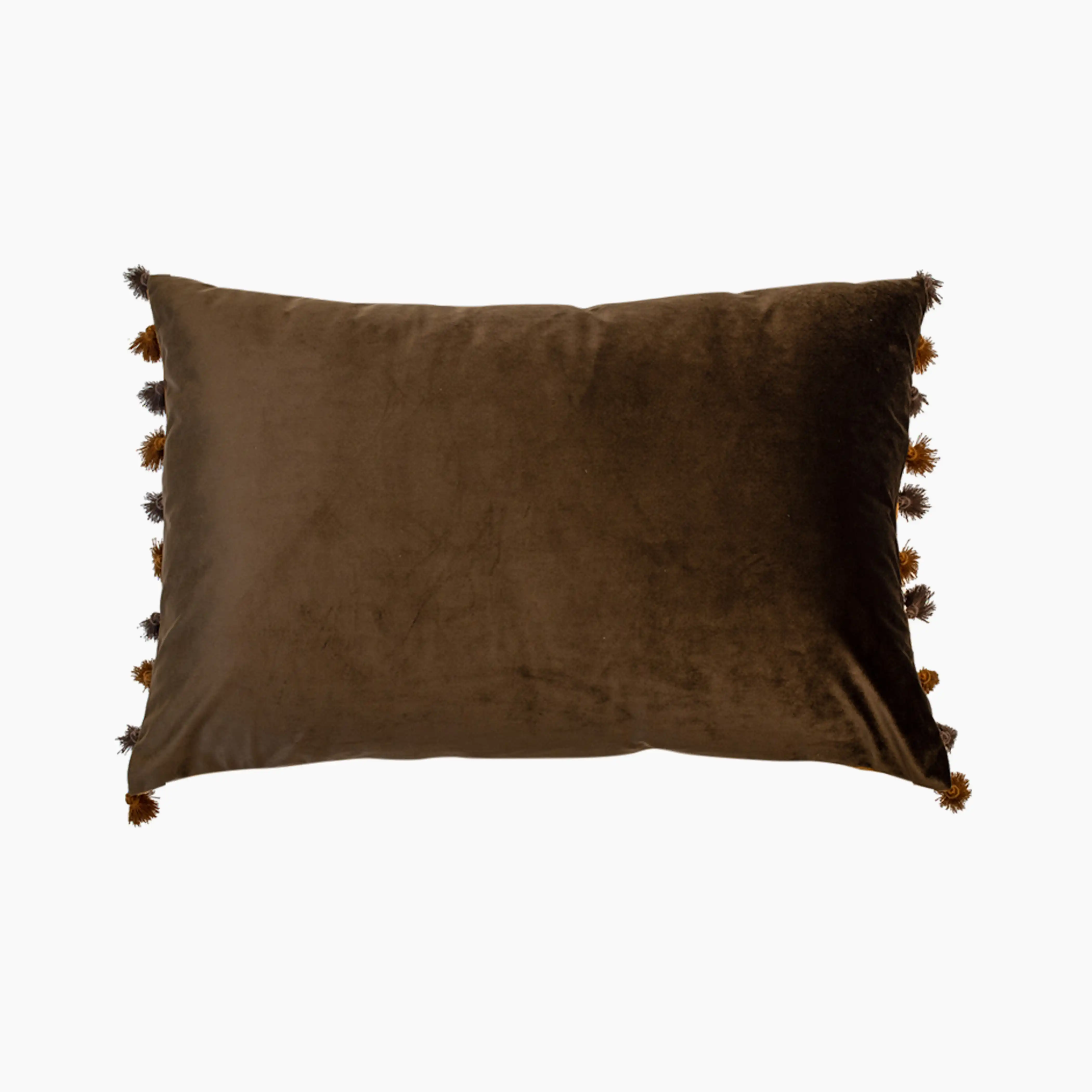 Retro Fringed Rectangle Velvet Cushion | Coffee Brown & Tan - Image 2