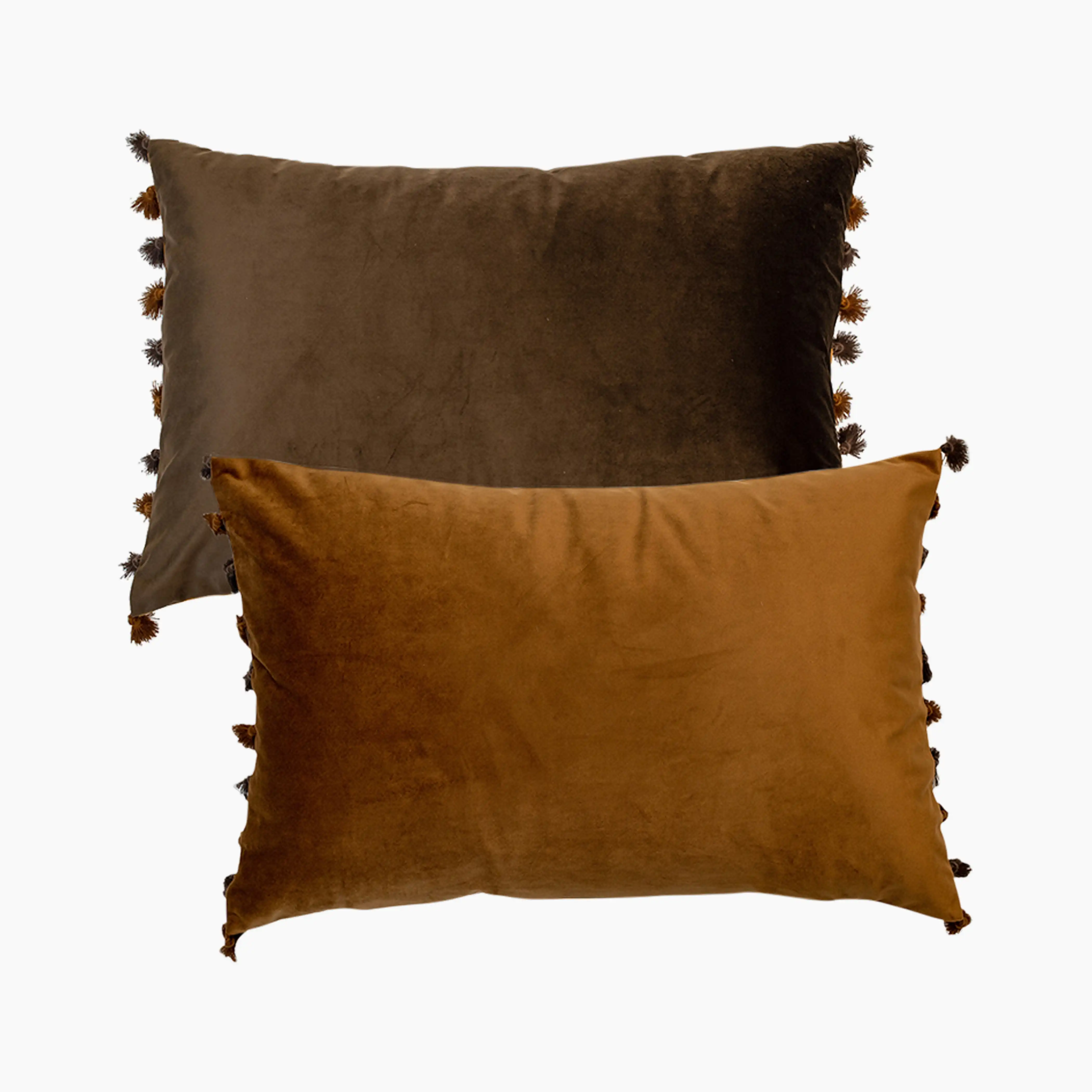Retro Fringed Rectangle Velvet Cushion | Coffee Brown & Tan - Image 3