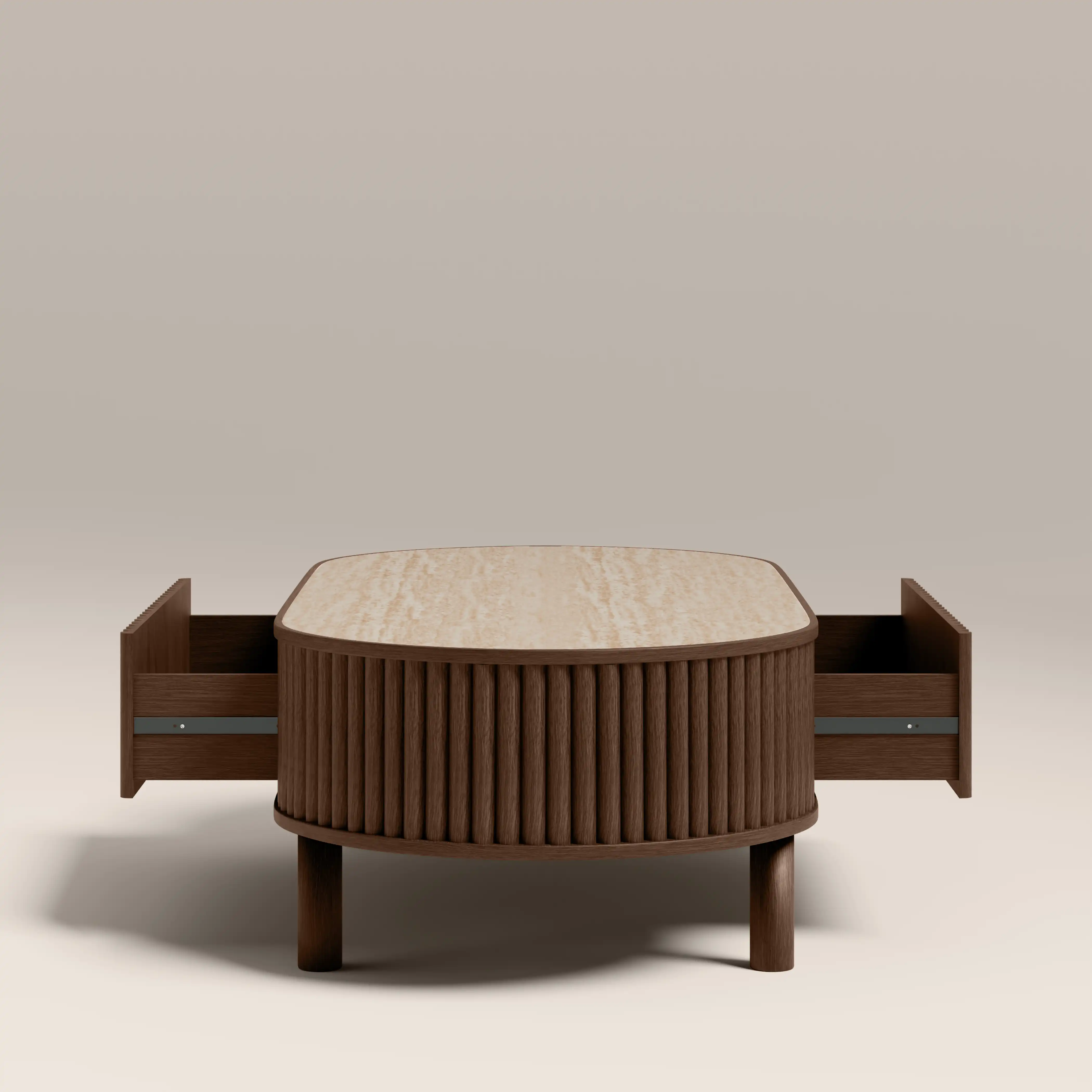 Santana Oval Storage Coffee Table | Natural Travertine Effect Sintered Stone & Smoked Walnut - Image 4