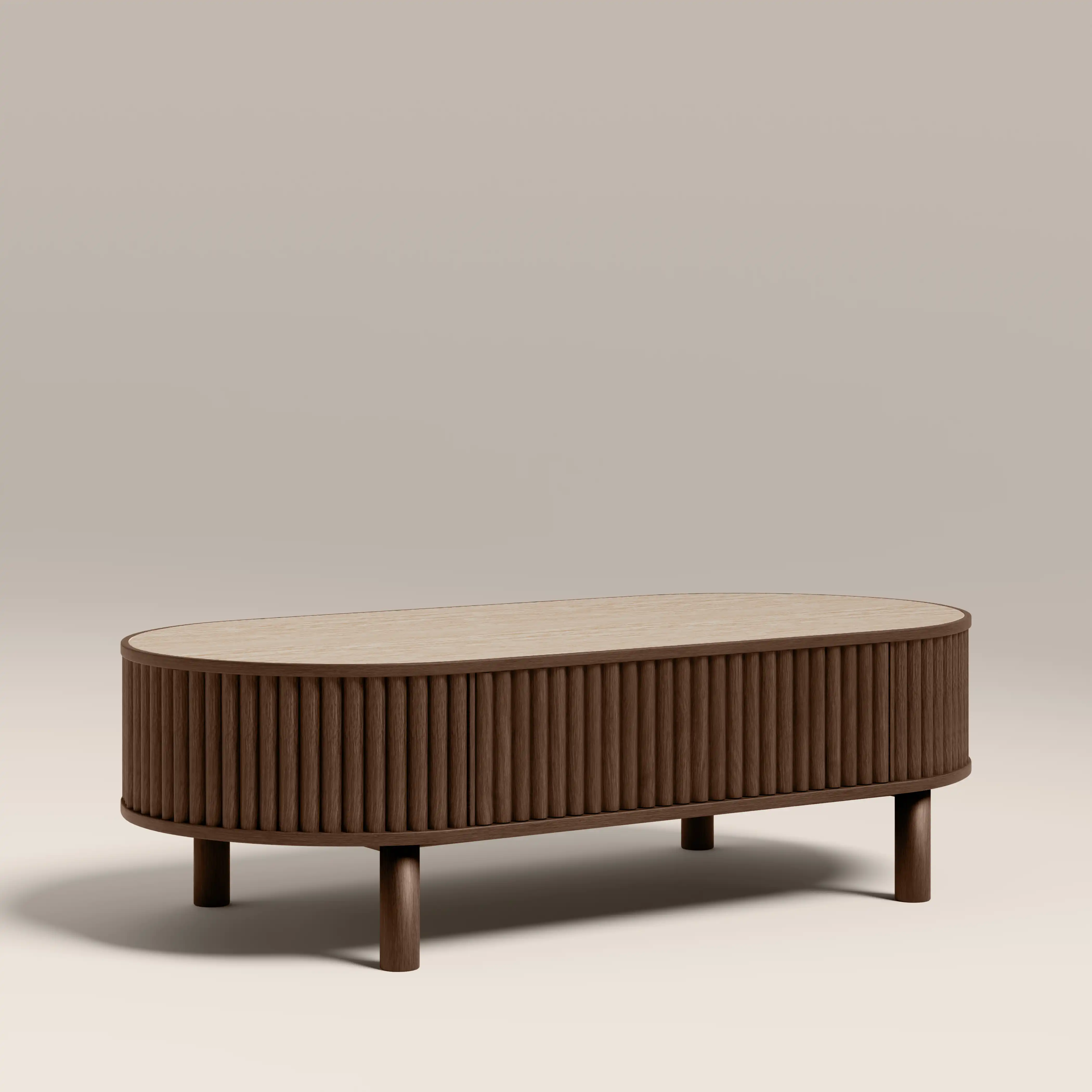 Santana Oval Storage Coffee Table | Natural Travertine Effect Sintered Stone & Smoked Walnut - Image 5