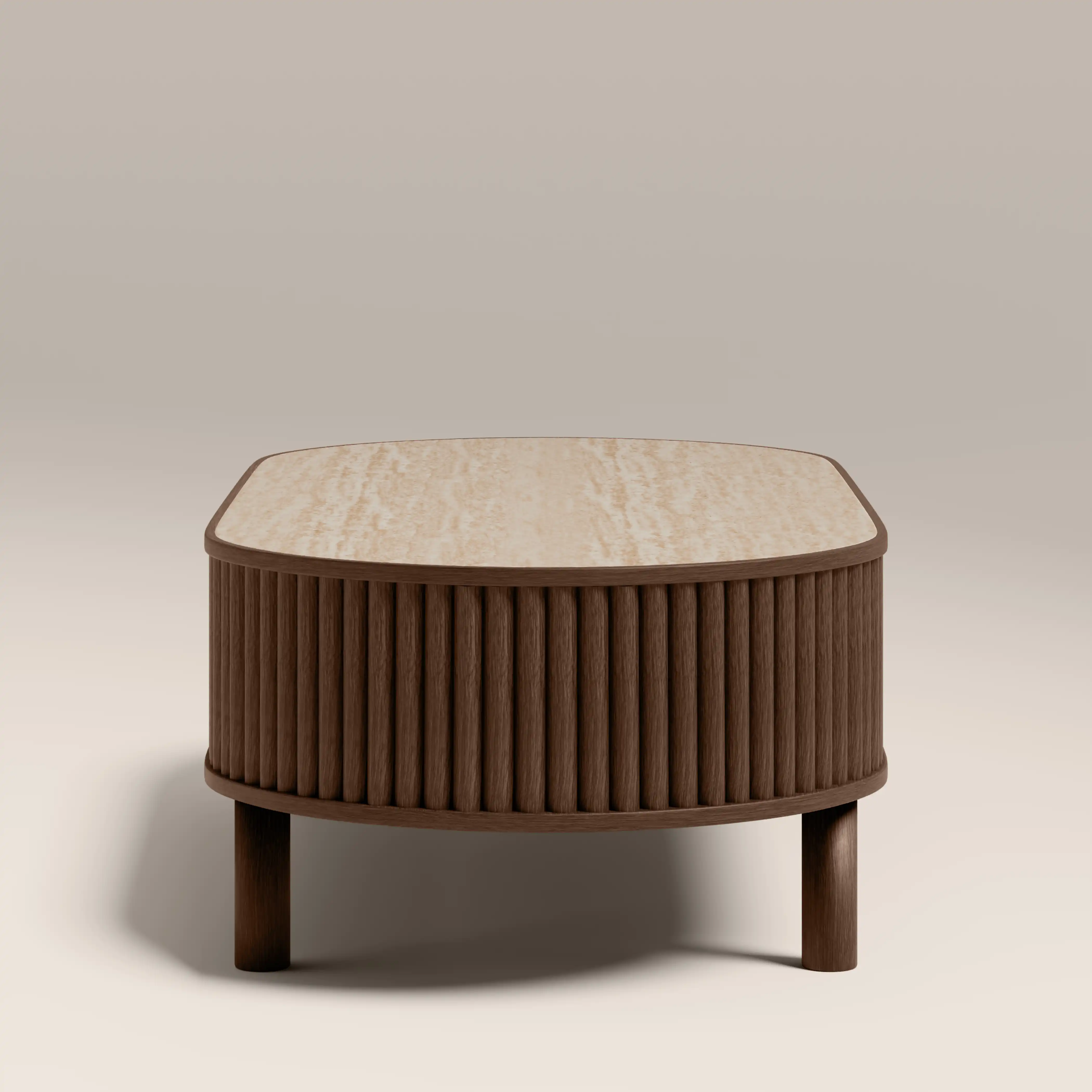 Santana Oval Storage Coffee Table | Natural Travertine Effect Sintered Stone & Smoked Walnut - Image 6