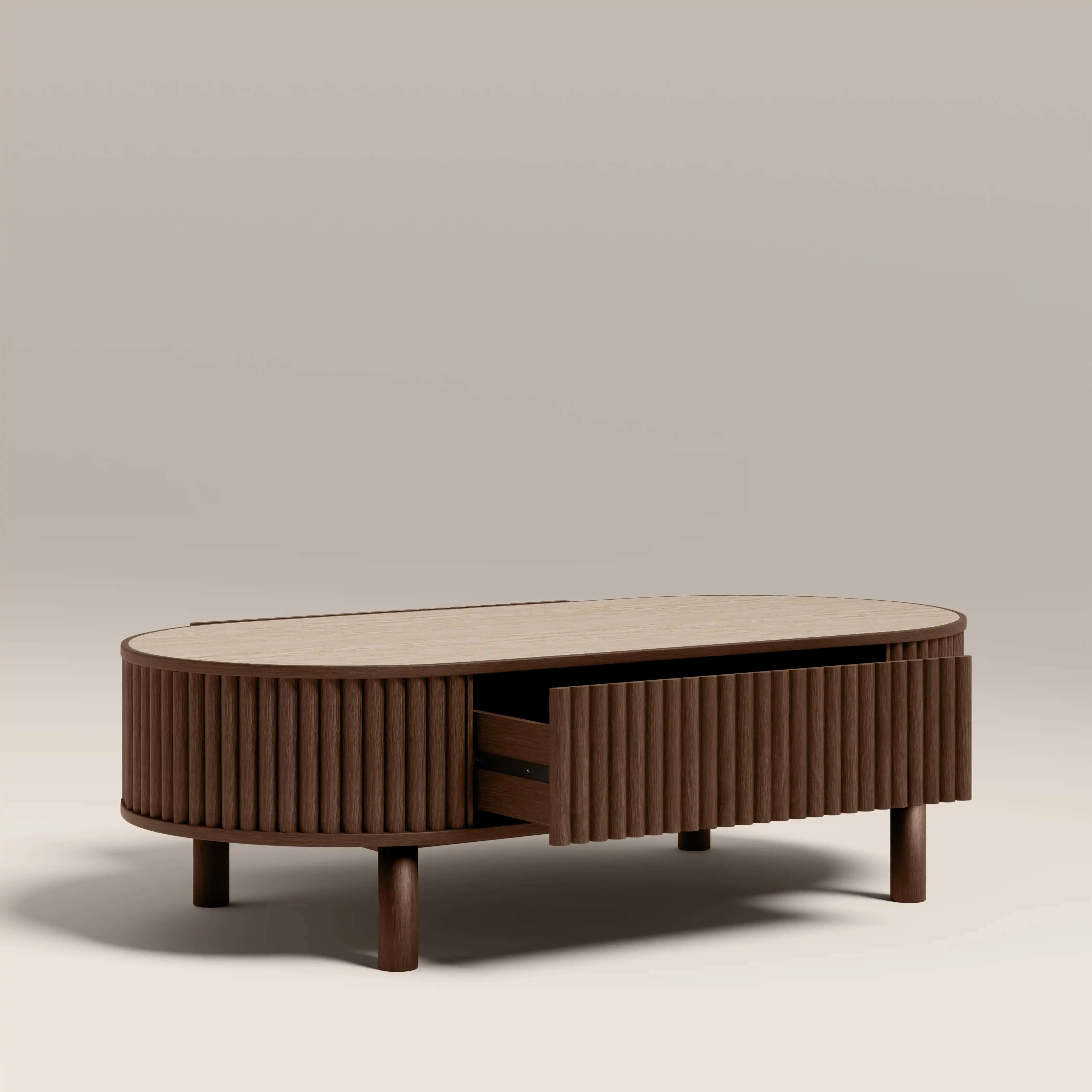 Santana Oval Storage Coffee Table | Natural Travertine Effect Sintered Stone & Smoked Walnut - Image 7