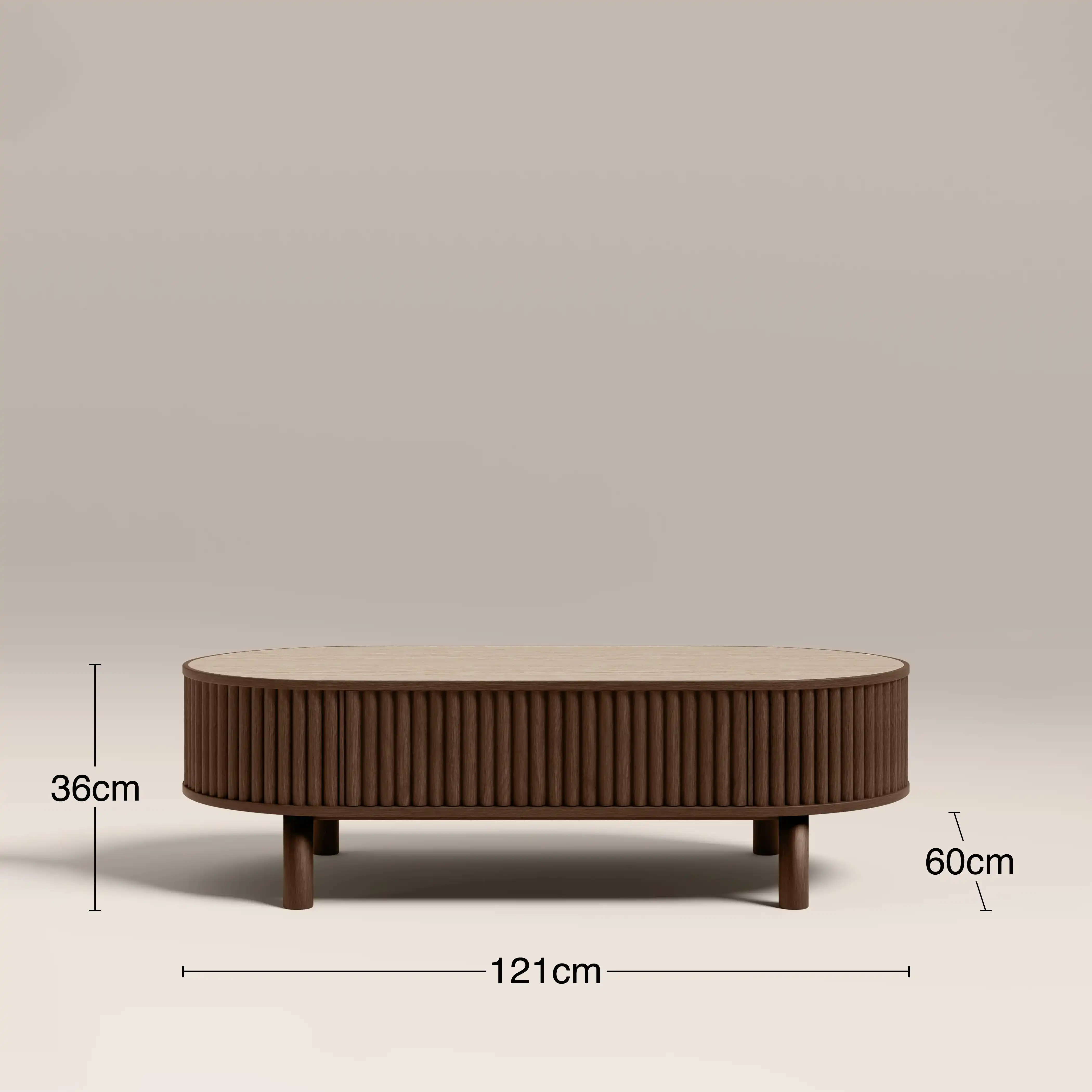 Santana Oval Storage Coffee Table | Natural Travertine Effect Sintered Stone & Smoked Walnut - Image 8