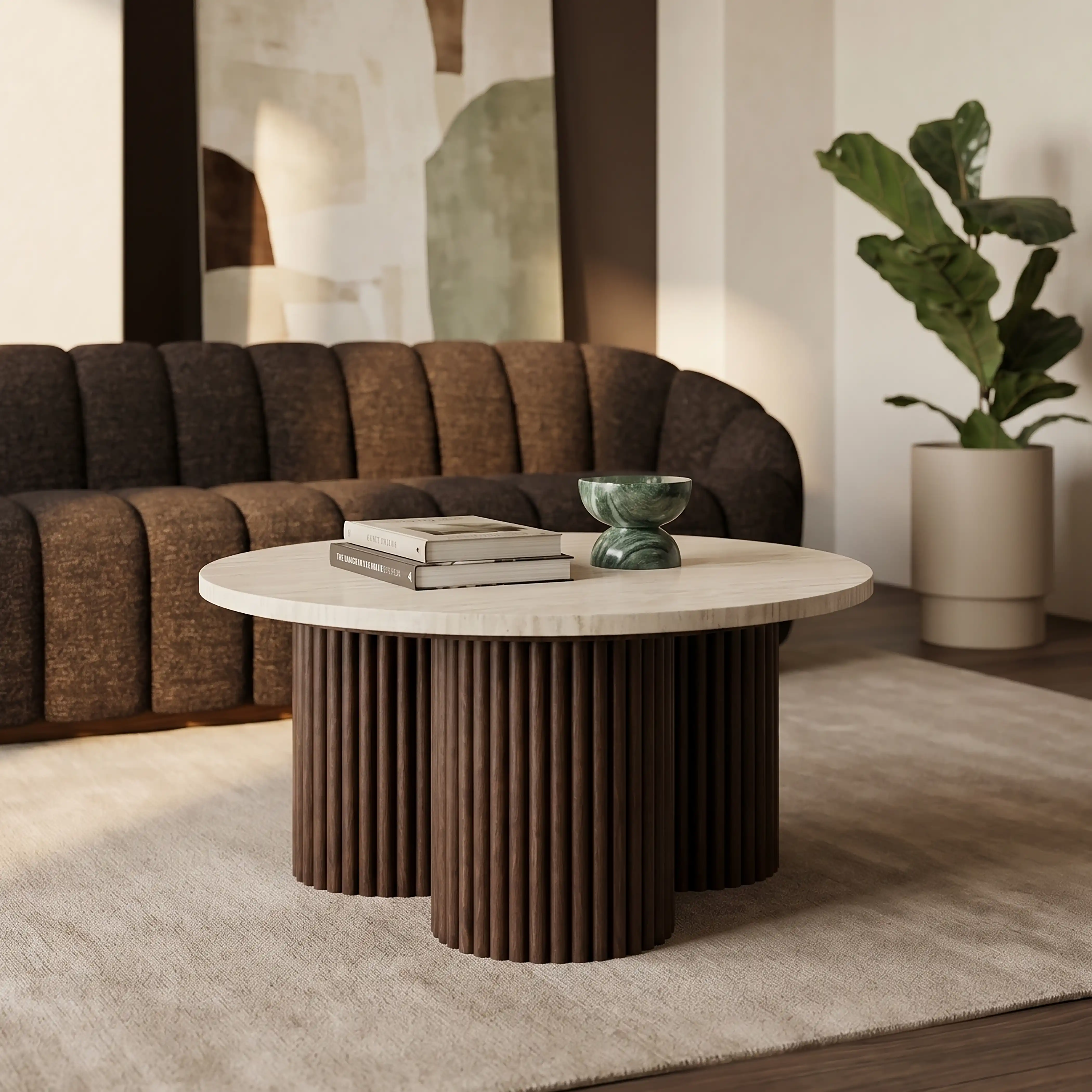 Skylar Round Coffee Table | Travertine & Walnut - Image 2